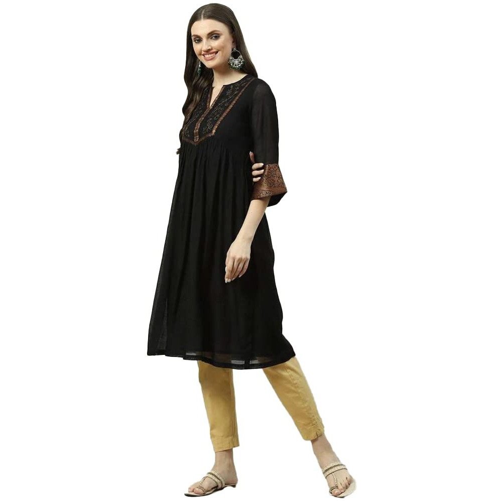 BIBA Women Polyester Self Design A Line Kurta(RAJWADA18440_Black_2XL)