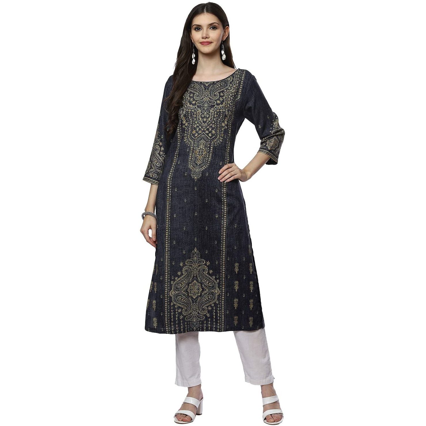 BIBA Women Printed Straight Kurta(DENIMDA18626_Blue_M)