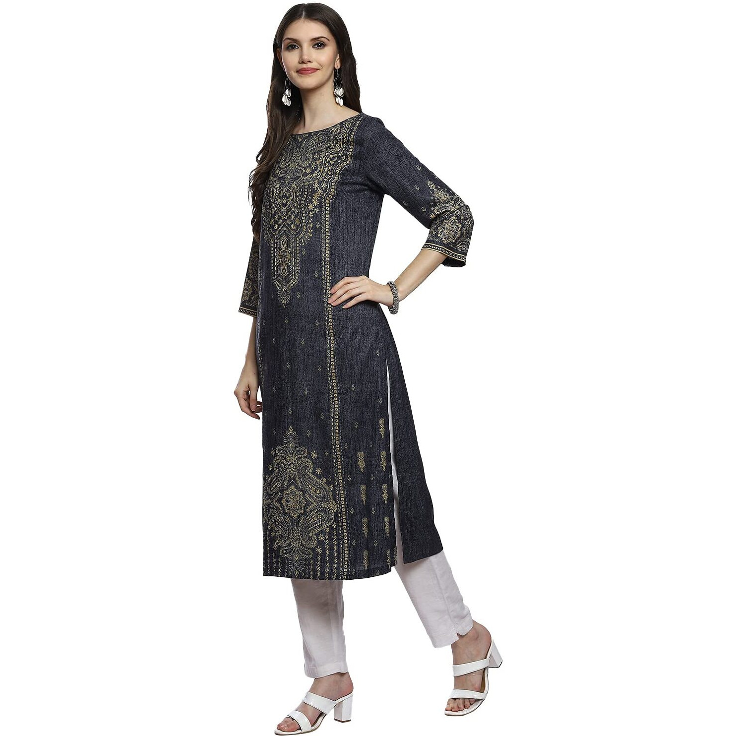 BIBA Women Printed Straight Kurta(DENIMDA18626_Blue_M)