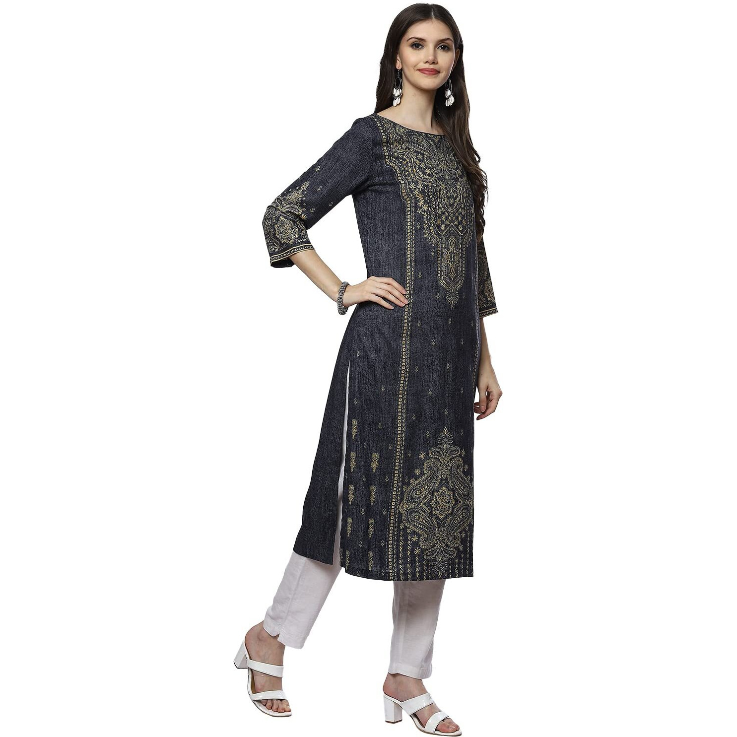 BIBA Women Printed Straight Kurta(DENIMDA18626_Blue_M)