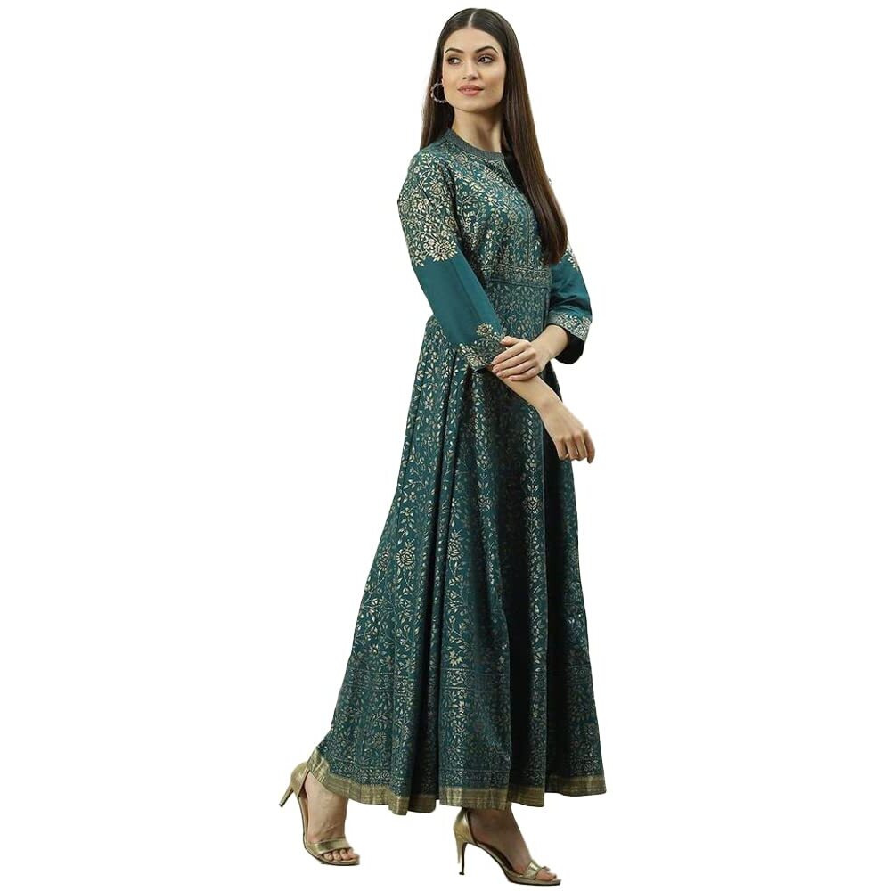 BIBA Solid Cotton Flared Fit Womens Kurta (Teal Grey, Size_38)