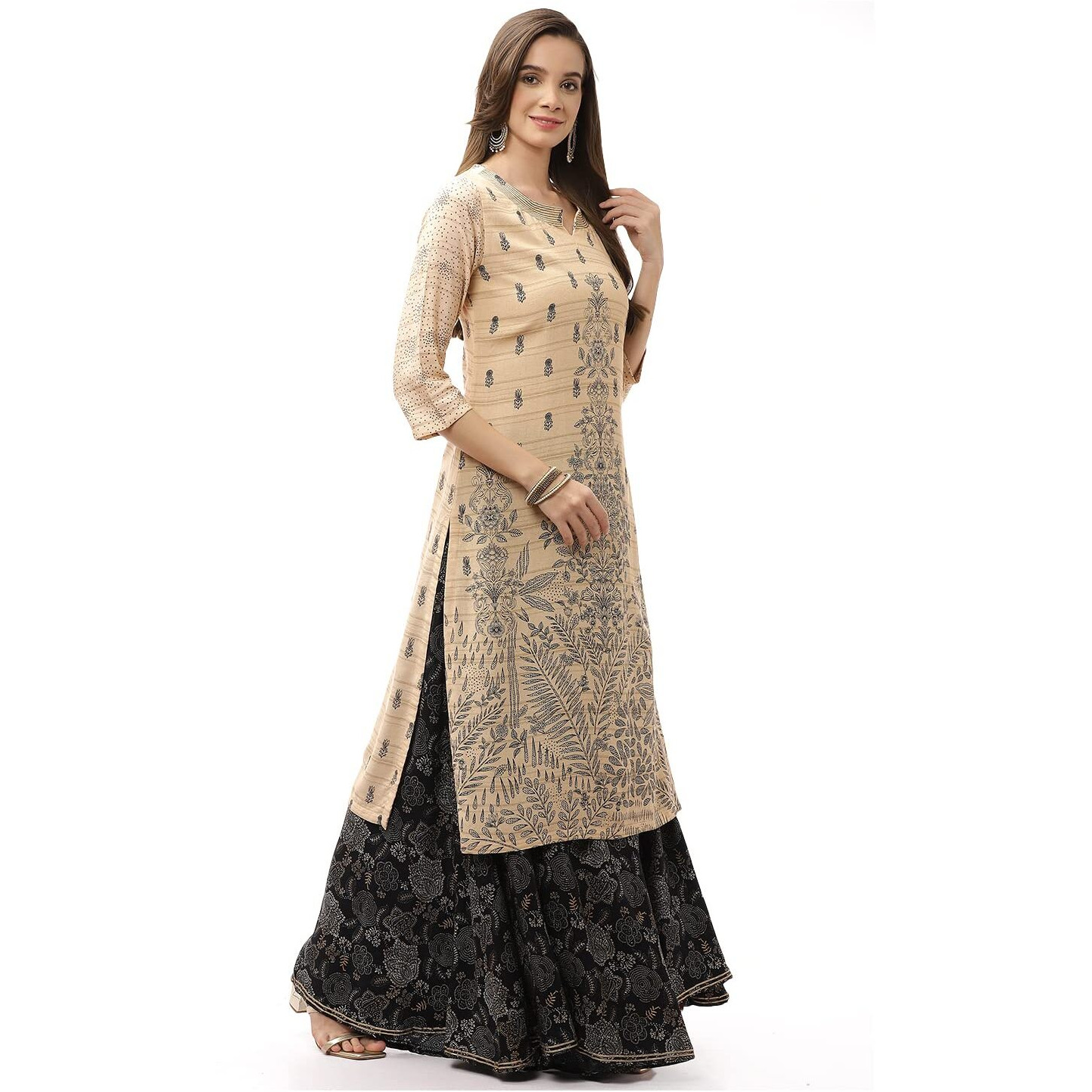 BIBA Rayon Women Printed Regular Mix and Match Kurta (Kitch18812_Beige_34)