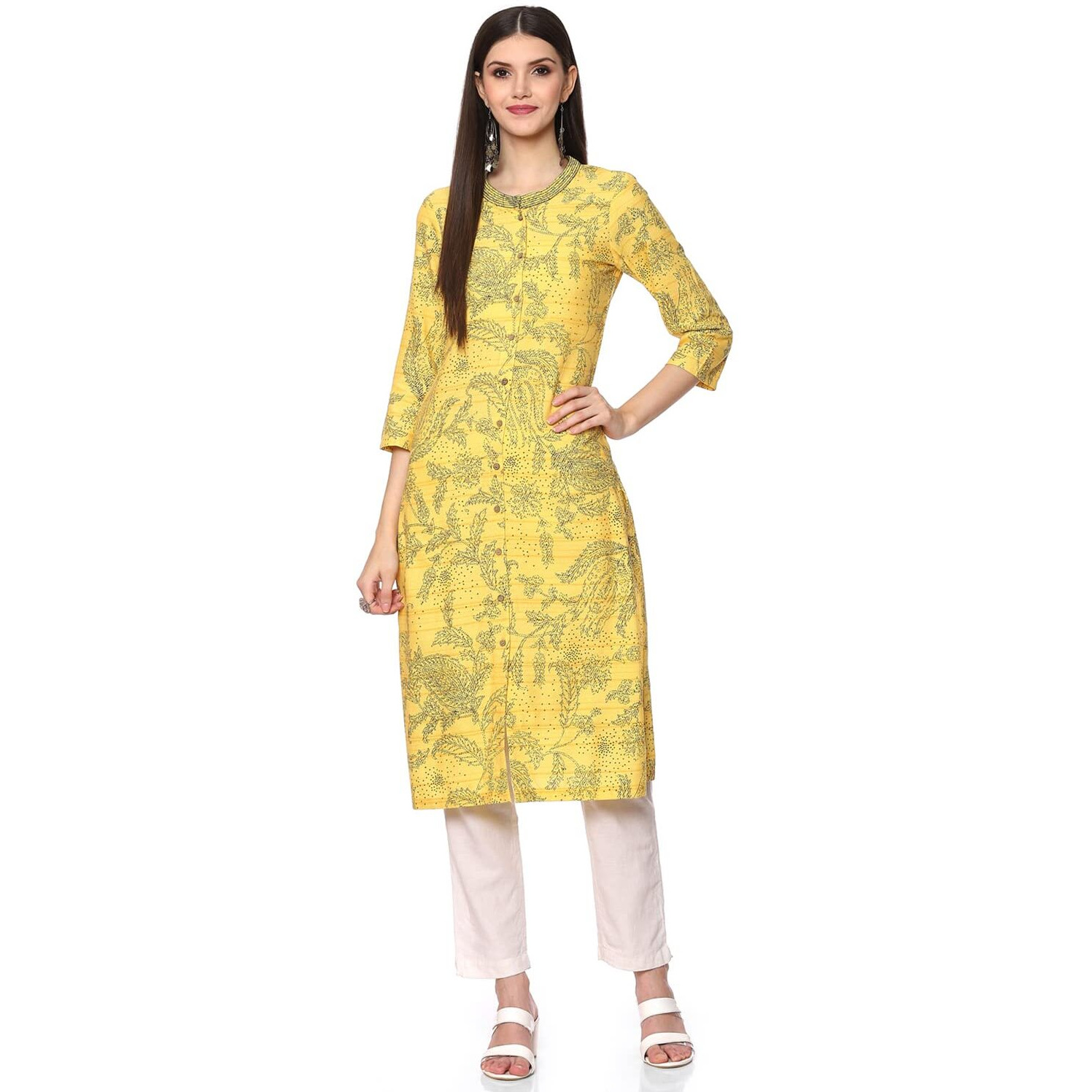 BIBA Women Rayon Printed Mix and Match Regular Kurta (Kitch18816_Yellow_40)
