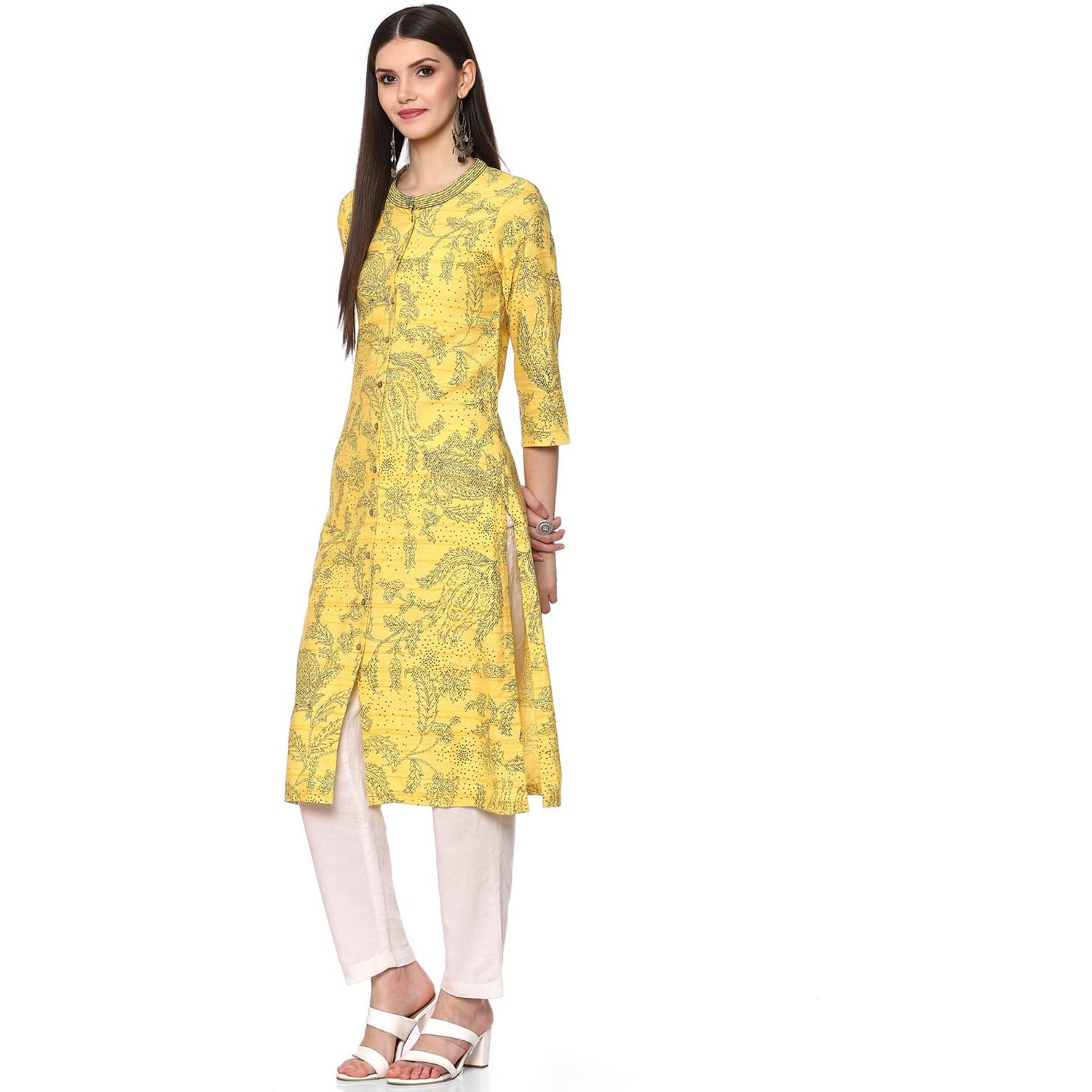 BIBA Women Rayon Printed Mix and Match Regular Kurta (Kitch18816_Yellow_40)