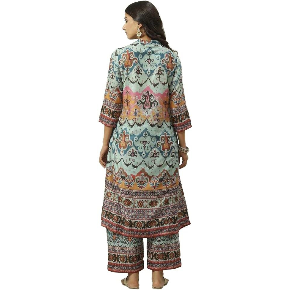 BIBA Polyester Women Printed Straight Salwar Kurta Dupatta(Skdarabina8182_Blue_34)