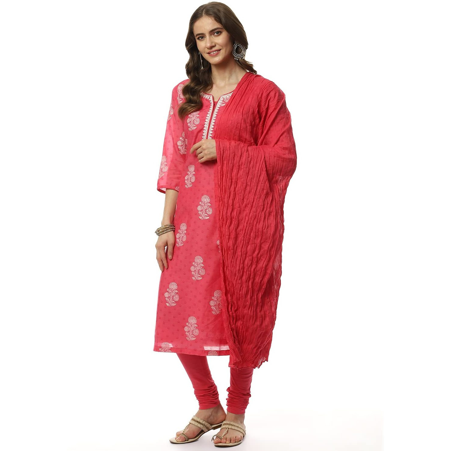 BIBA Women's Cotton Pink Straight Kurta Churidar Suit Set