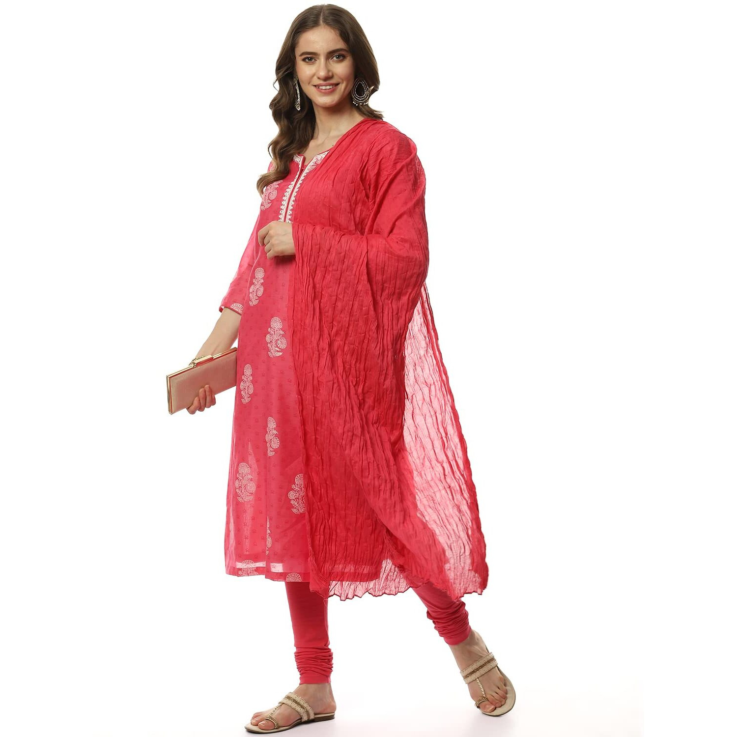 BIBA Women's Cotton Pink Straight Kurta Churidar Suit Set