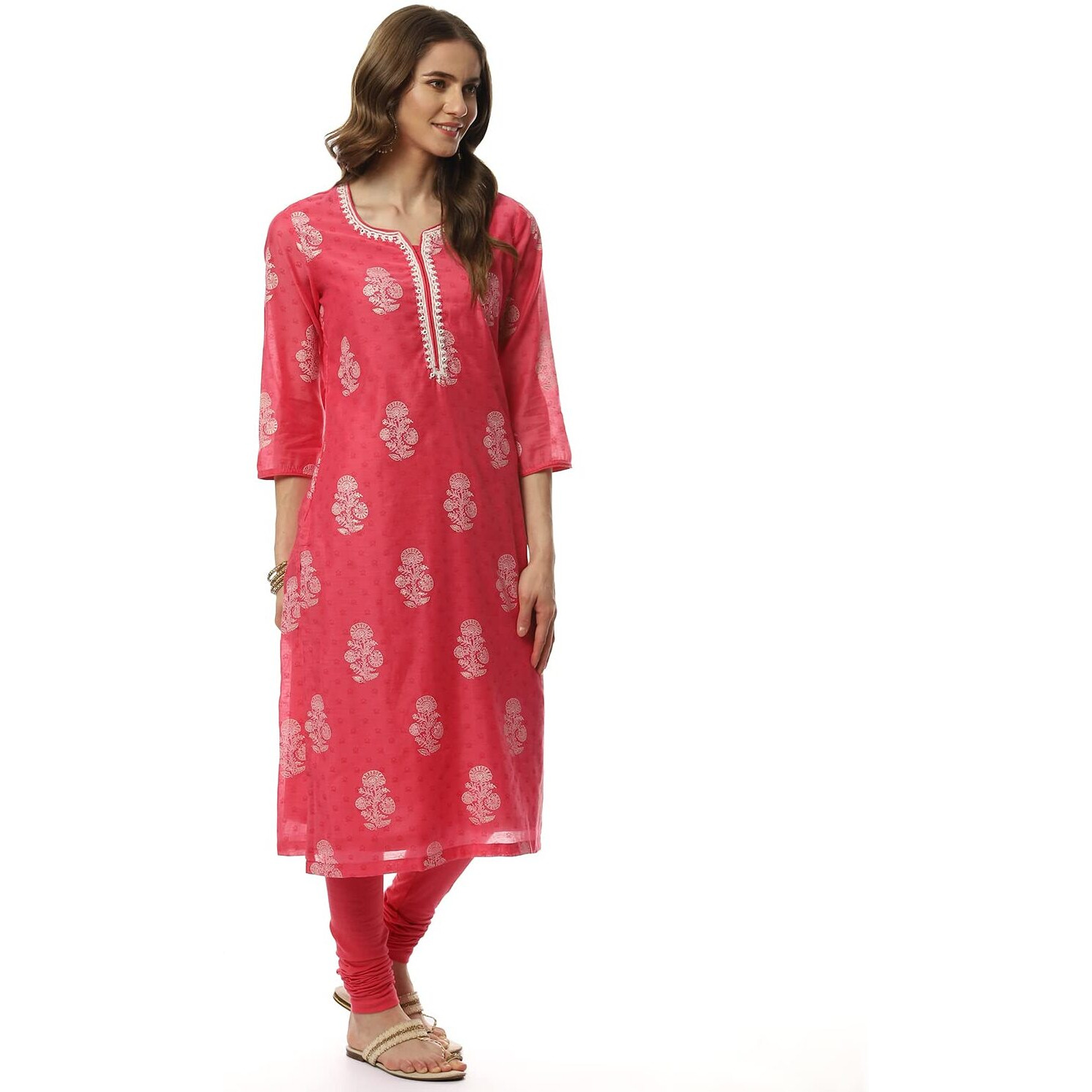 BIBA Women's Cotton Pink Straight Kurta Churidar Suit Set