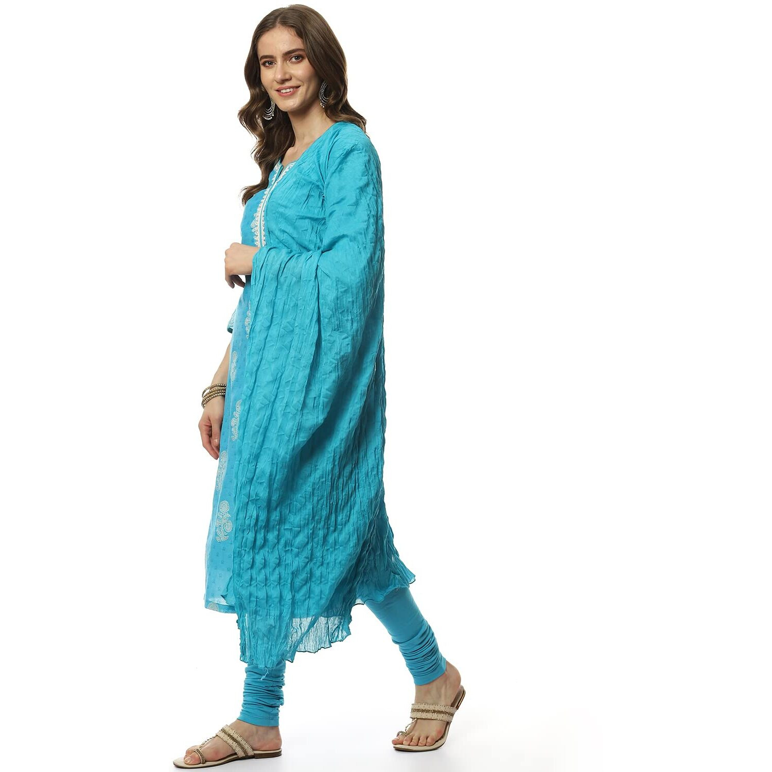 BIBA Women's Cotton Blue Straight Kurta Churidar Suit Set