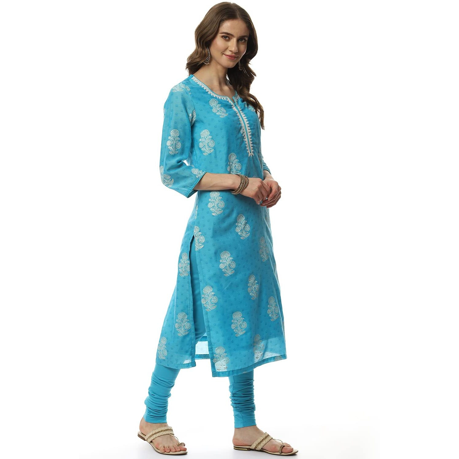 BIBA Women's Cotton Blue Straight Kurta Churidar Suit Set