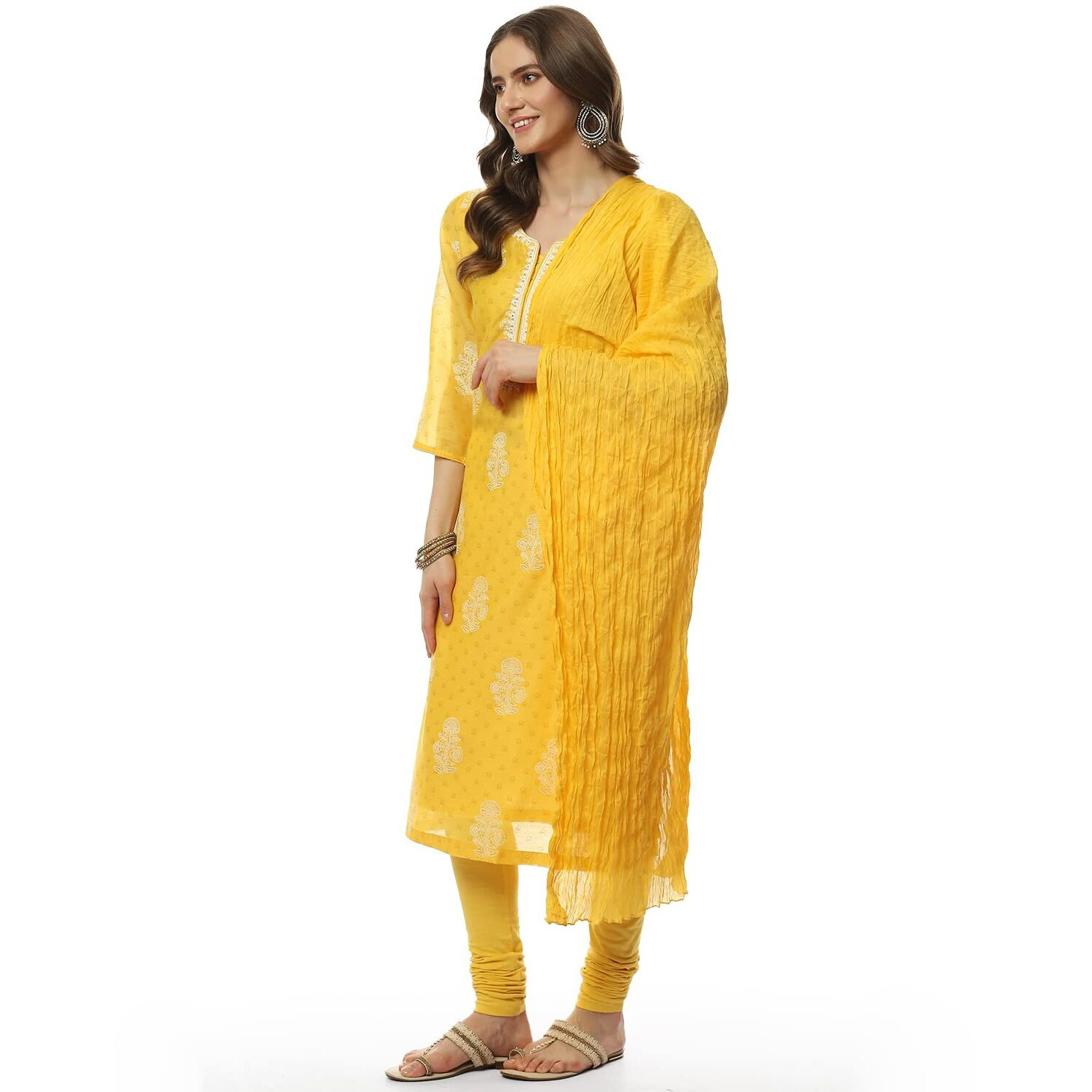 BIBA Women's synthetic straight Salwar Suit Set (SKD632334_ Yellow_ M (34))