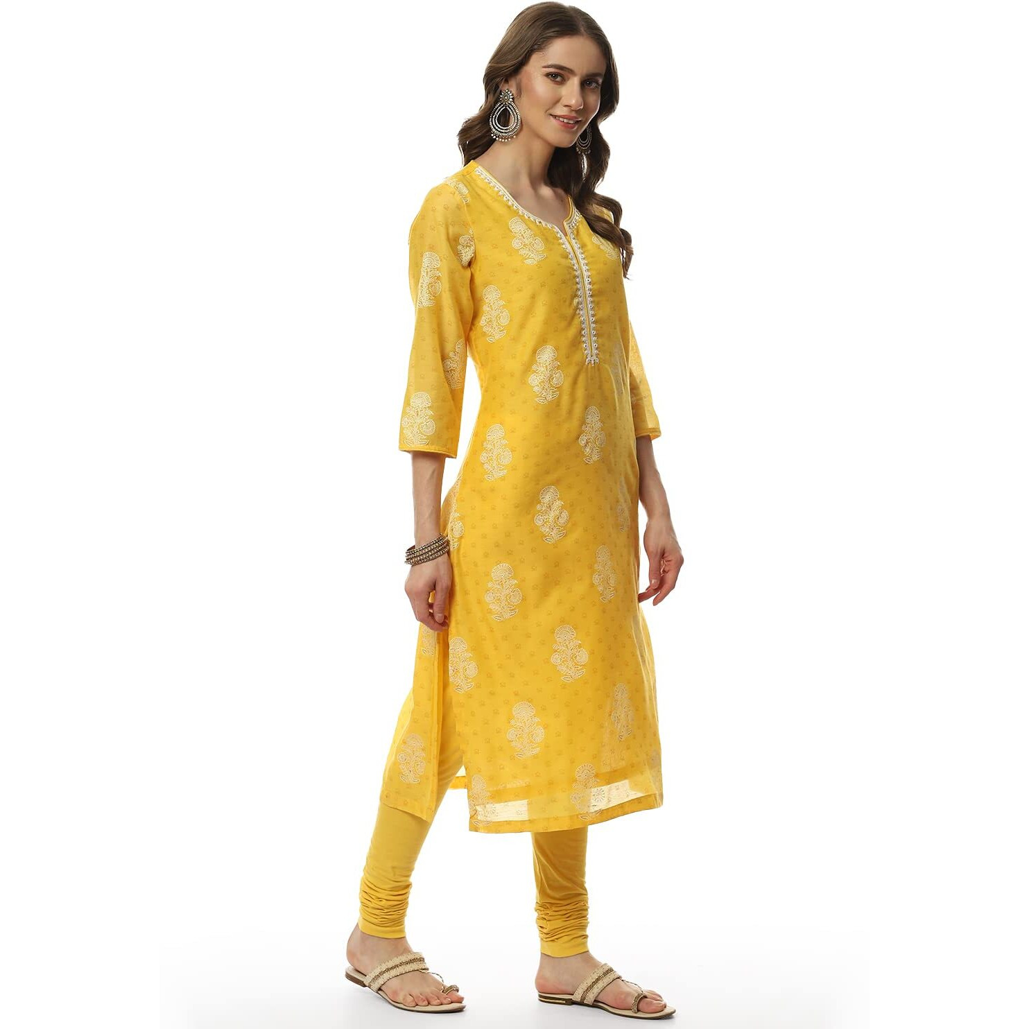 BIBA Women's synthetic straight Salwar Suit Set (SKD632334_ Yellow_ M (34))