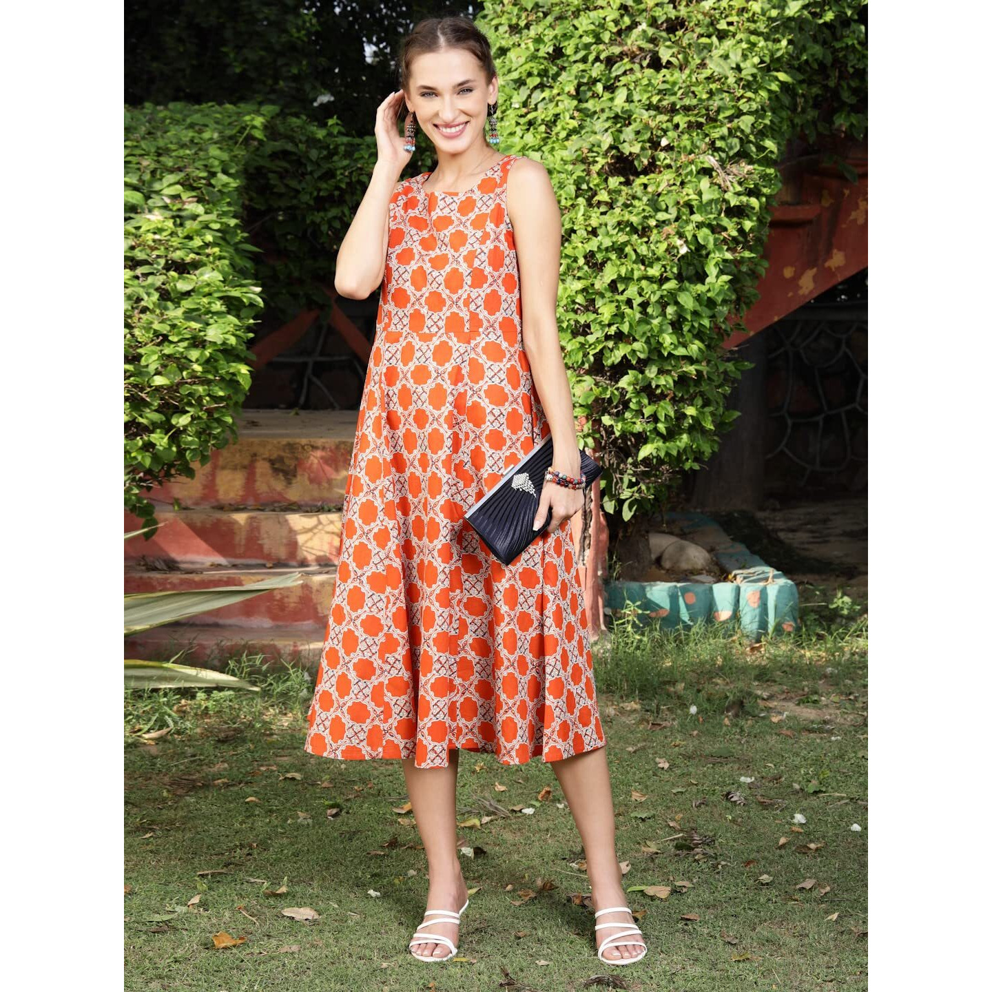 SERA Women's Cotton Floral Regular Fit Dress Shirt (LA2891-Orange-L_Orange_L)