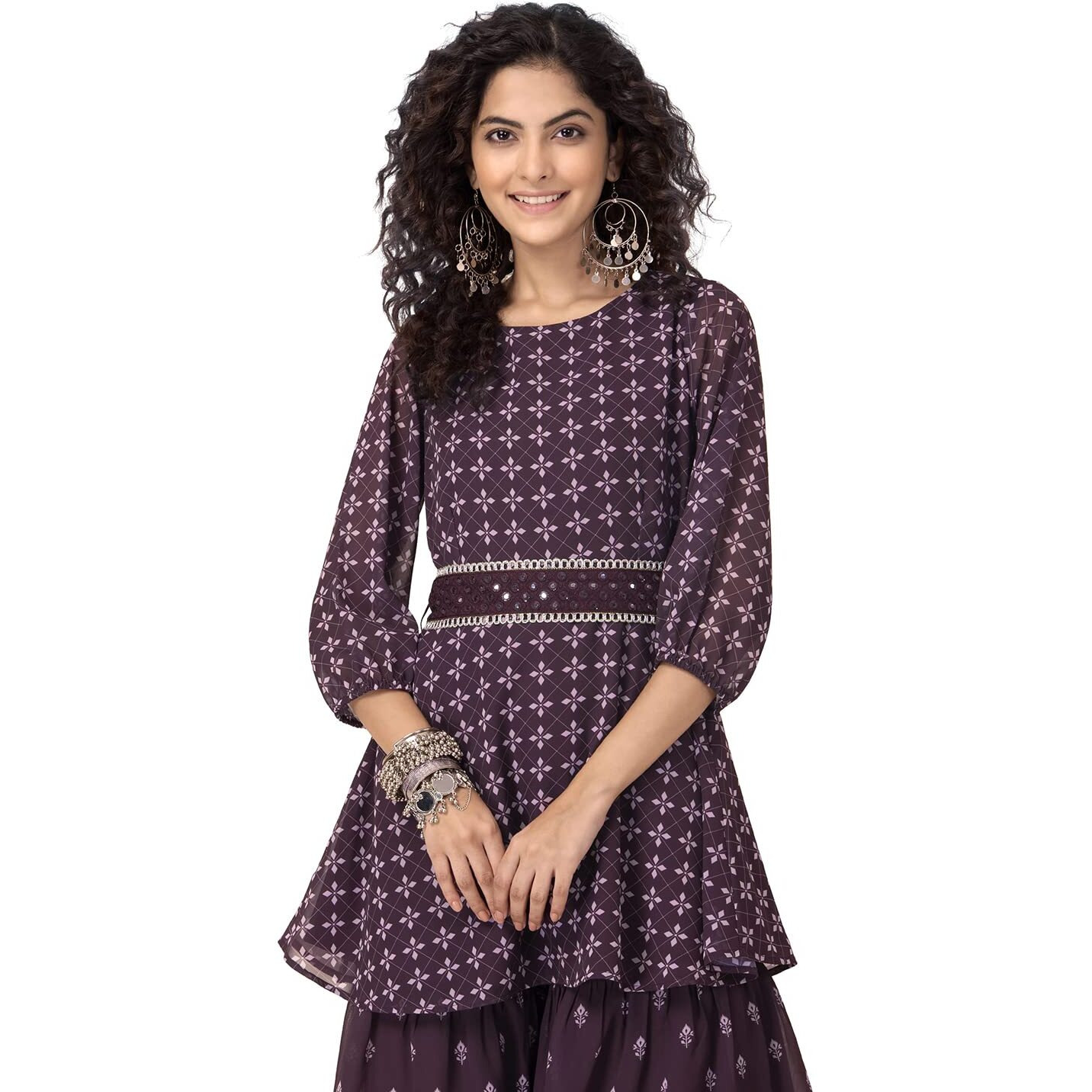 Indya Women's Georgette Regular Kurta (ITN03800_Purple_XL)