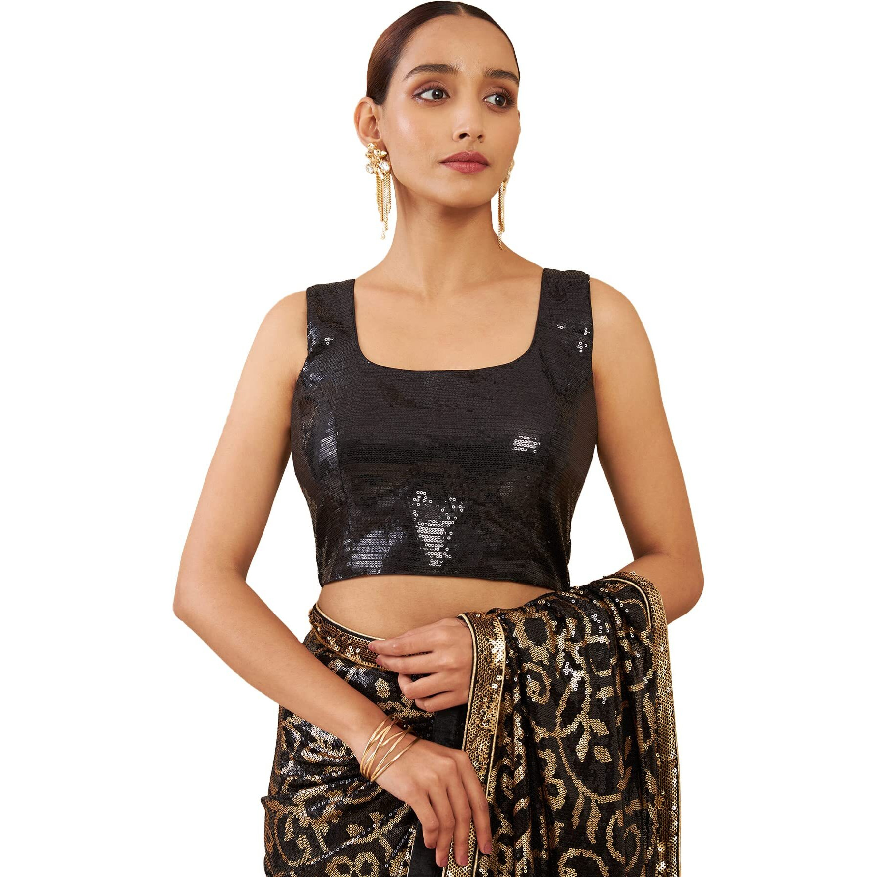 Soch Black Art Silk Boat Neck Blouse with Sequins