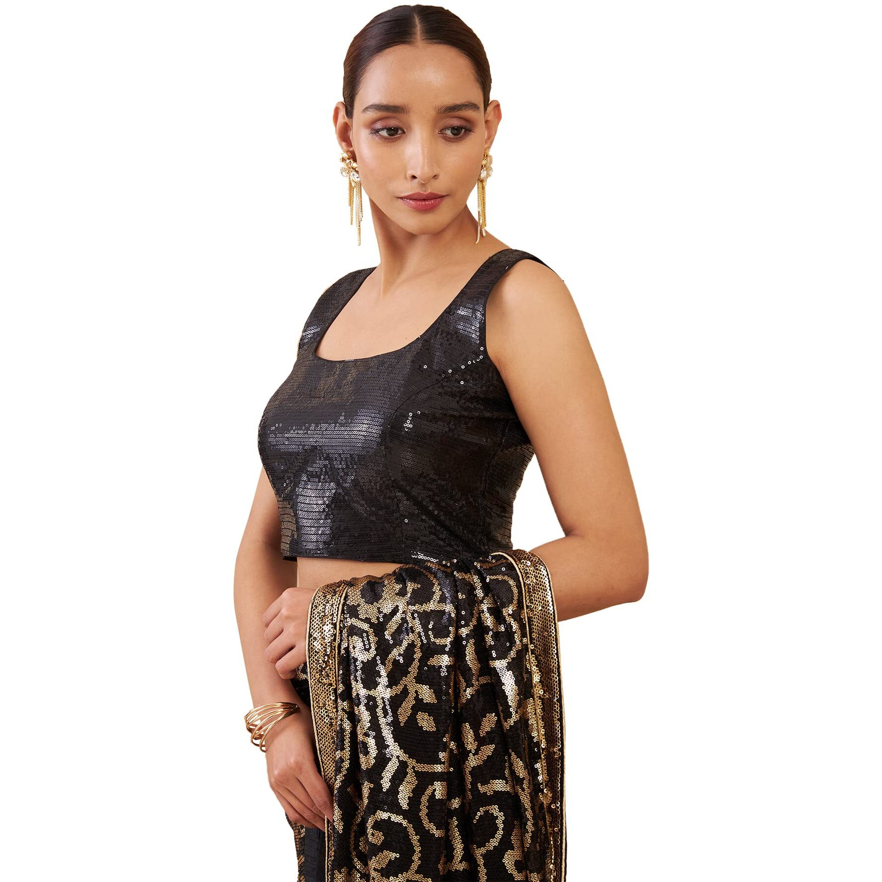 Soch Black Art Silk Boat Neck Blouse with Sequins