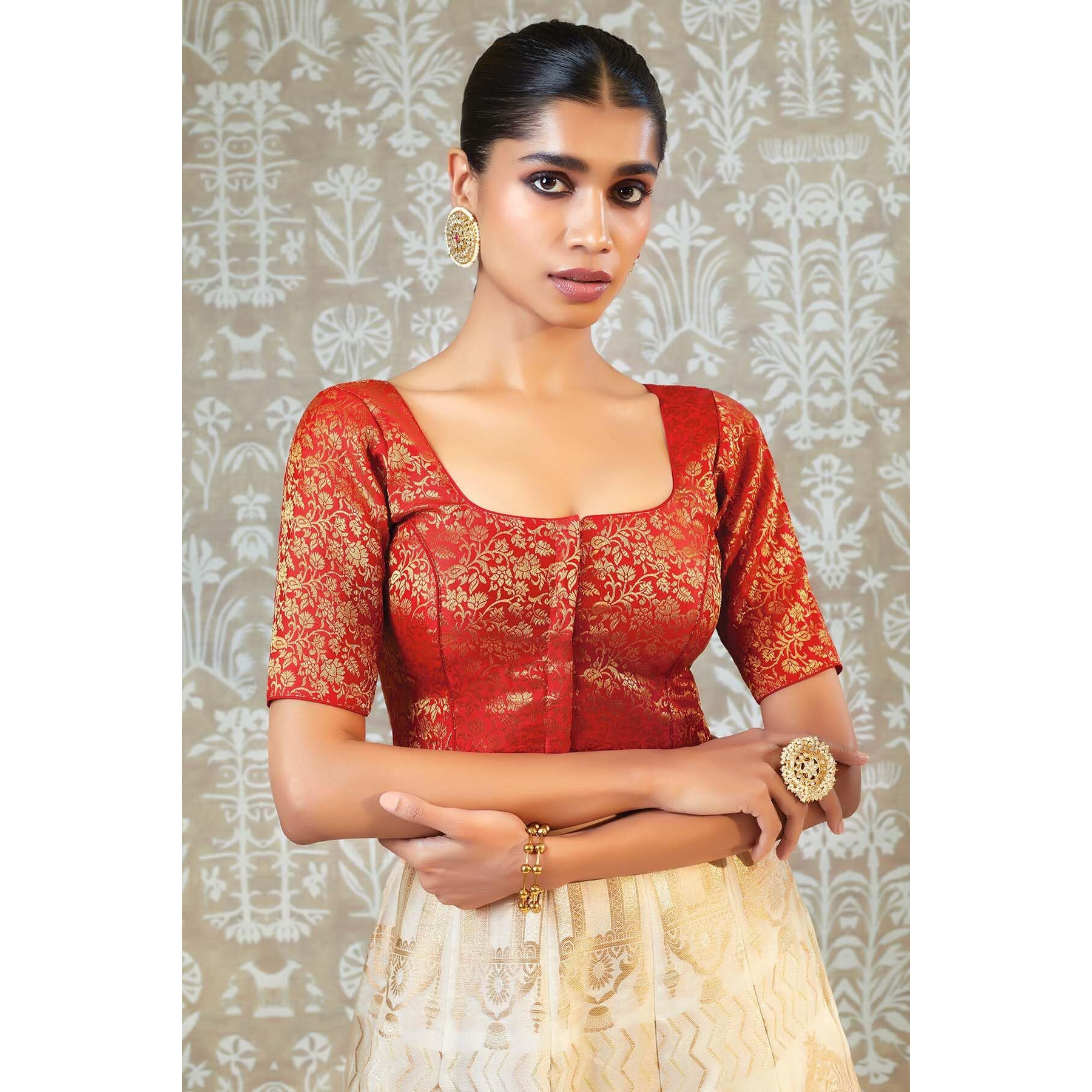 Soch Womens Red Art Silk Blouse with Woven Floral Designs