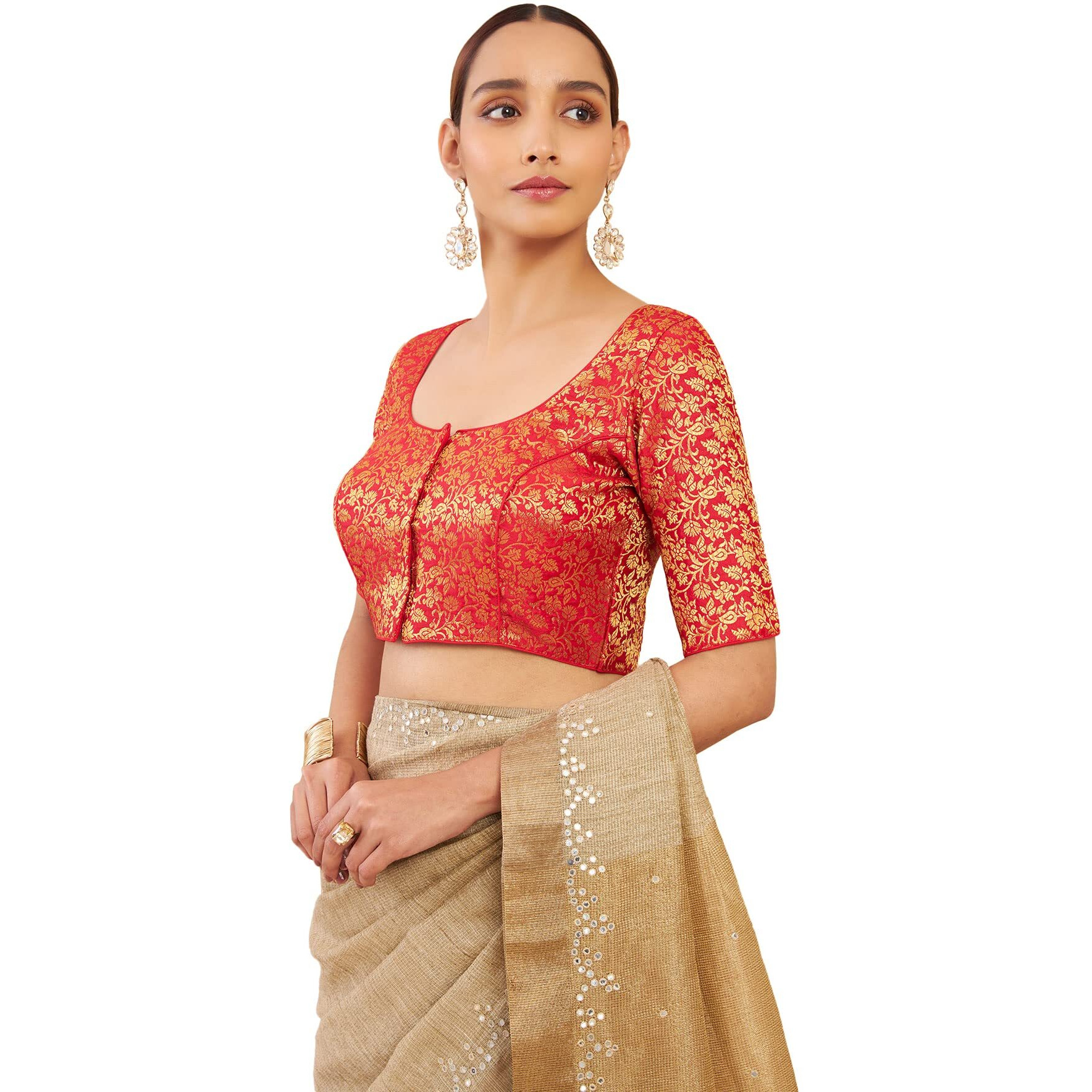 Soch Womens Red Art Silk Blouse with Woven Floral Designs
