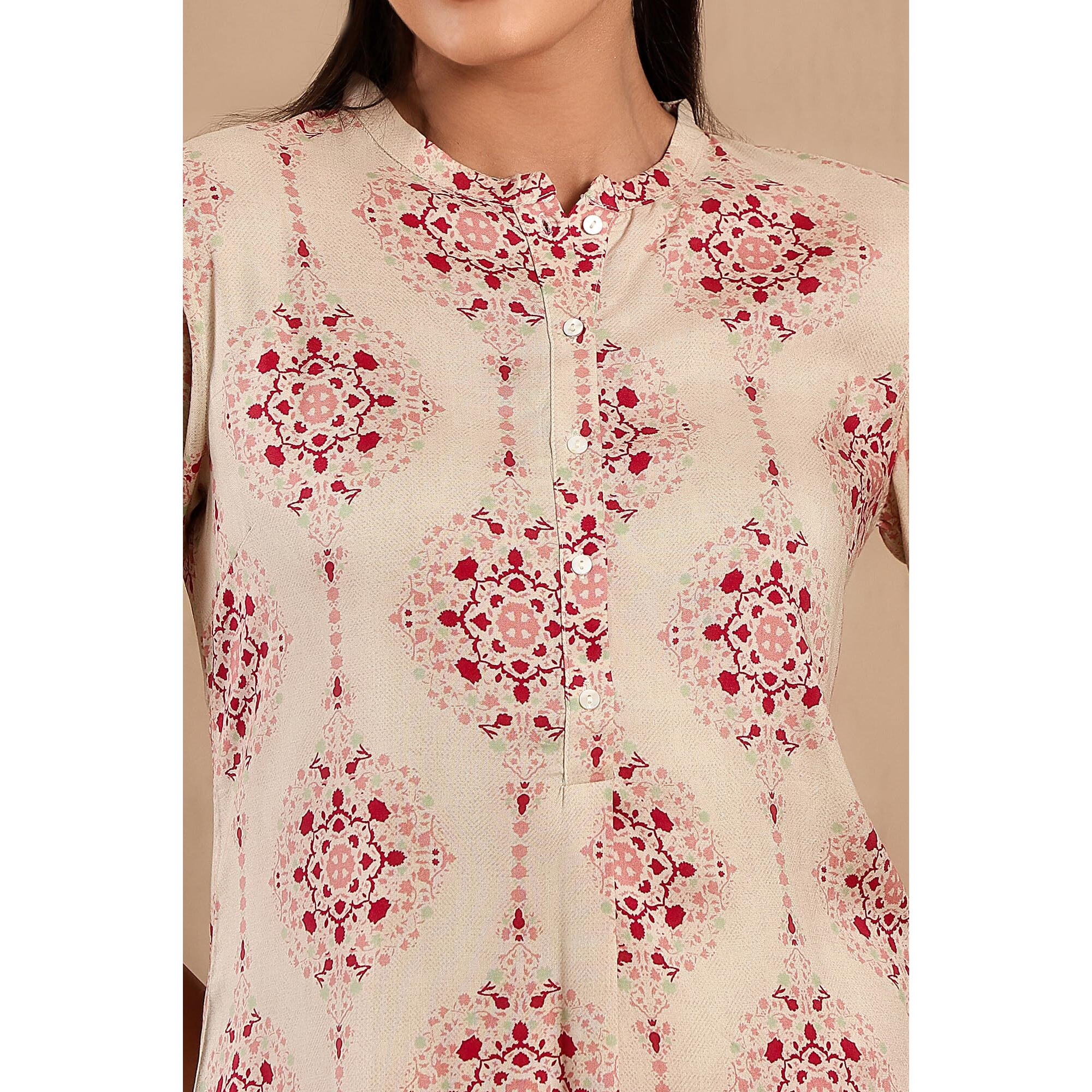 W Beige Floral Printed Regular Kurta for Women
