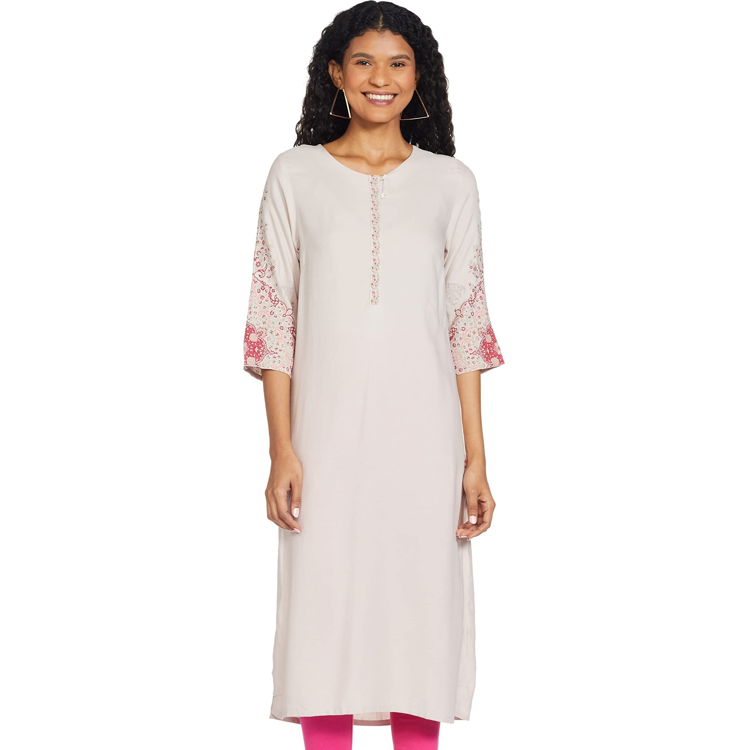 W Light Pink Floral Printed Regular Kurta for Women