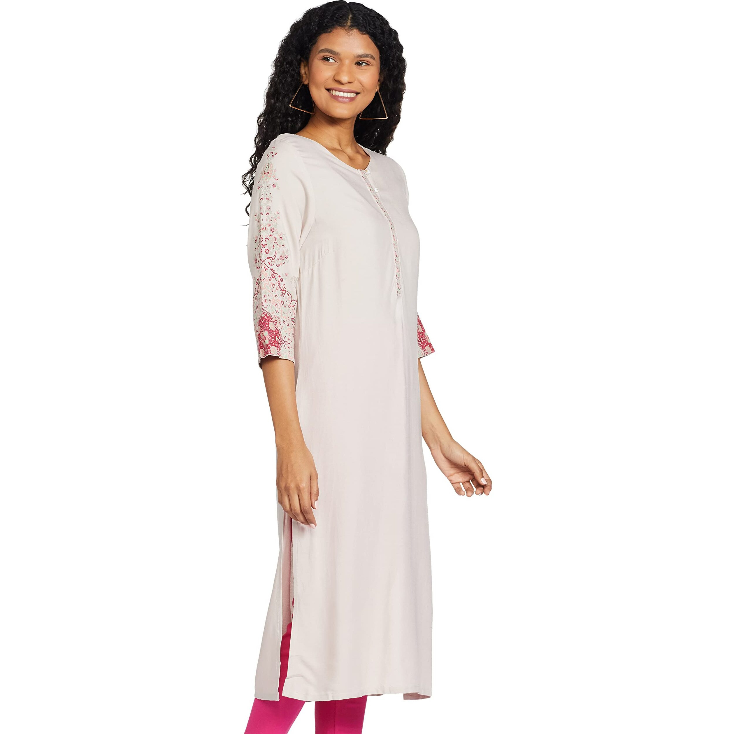 W Light Pink Floral Printed Regular Kurta for Women
