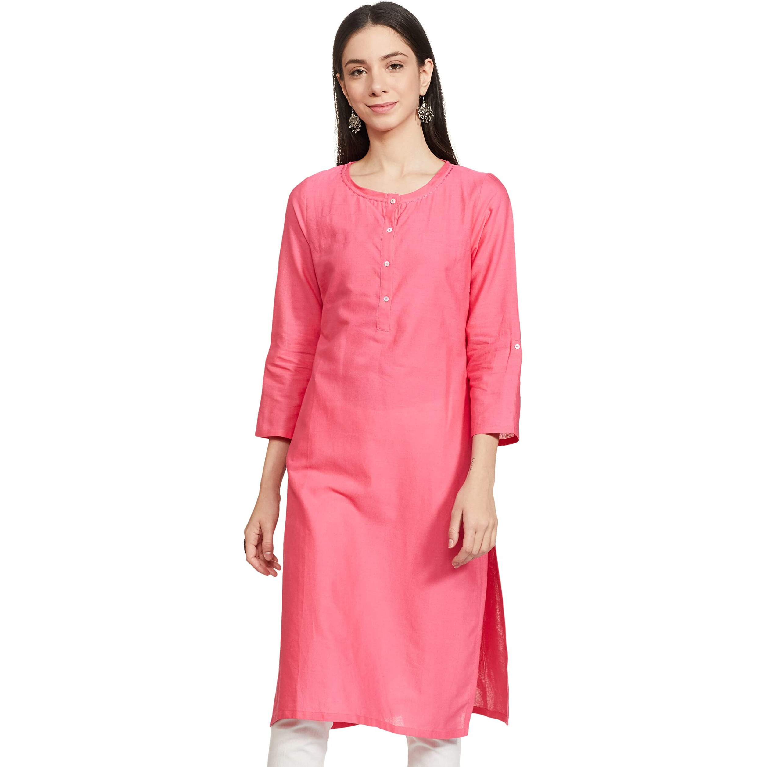 W for Woman Cotton Yellow Solid Round Neck Straight Kurta_20FEW13783-213749M_S