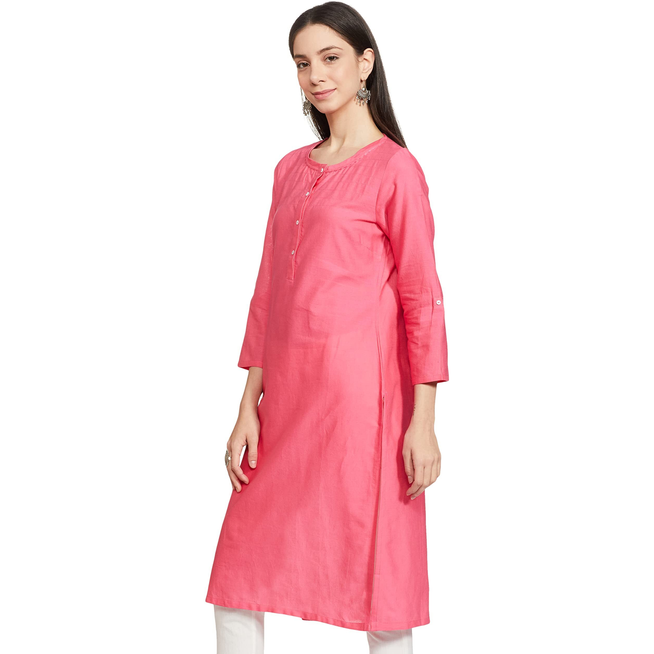 W for Woman Cotton Yellow Solid Round Neck Straight Kurta_20FEW13783-213749M_S