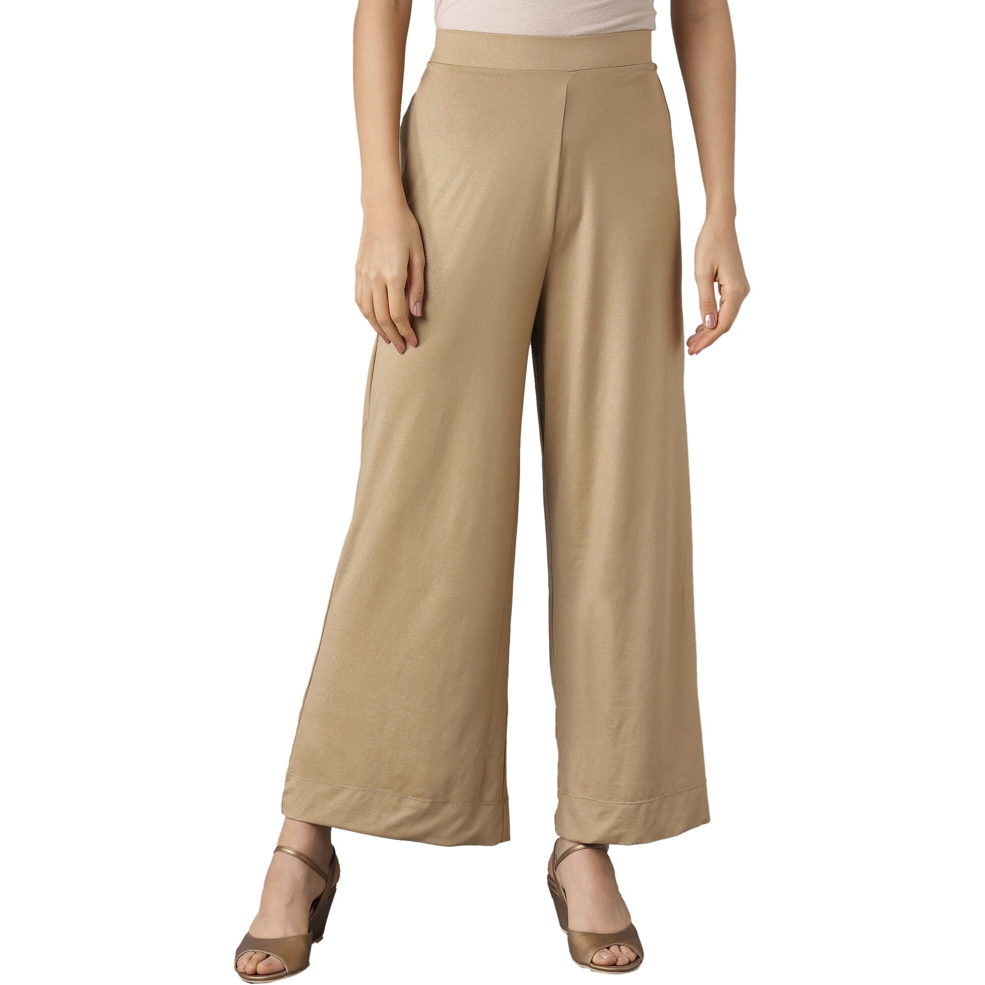 Aurelia Gold Solid Poly-Blend Palazzos Ethnic Bottomwear