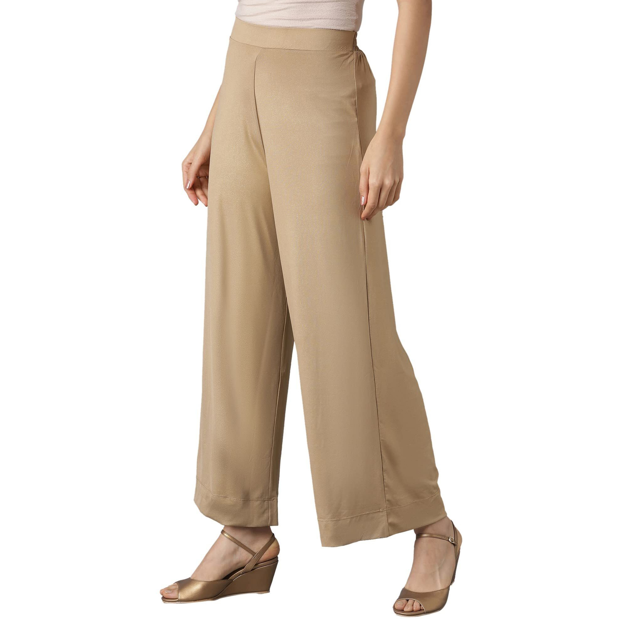 Aurelia Gold Solid Poly-Blend Palazzos Ethnic Bottomwear