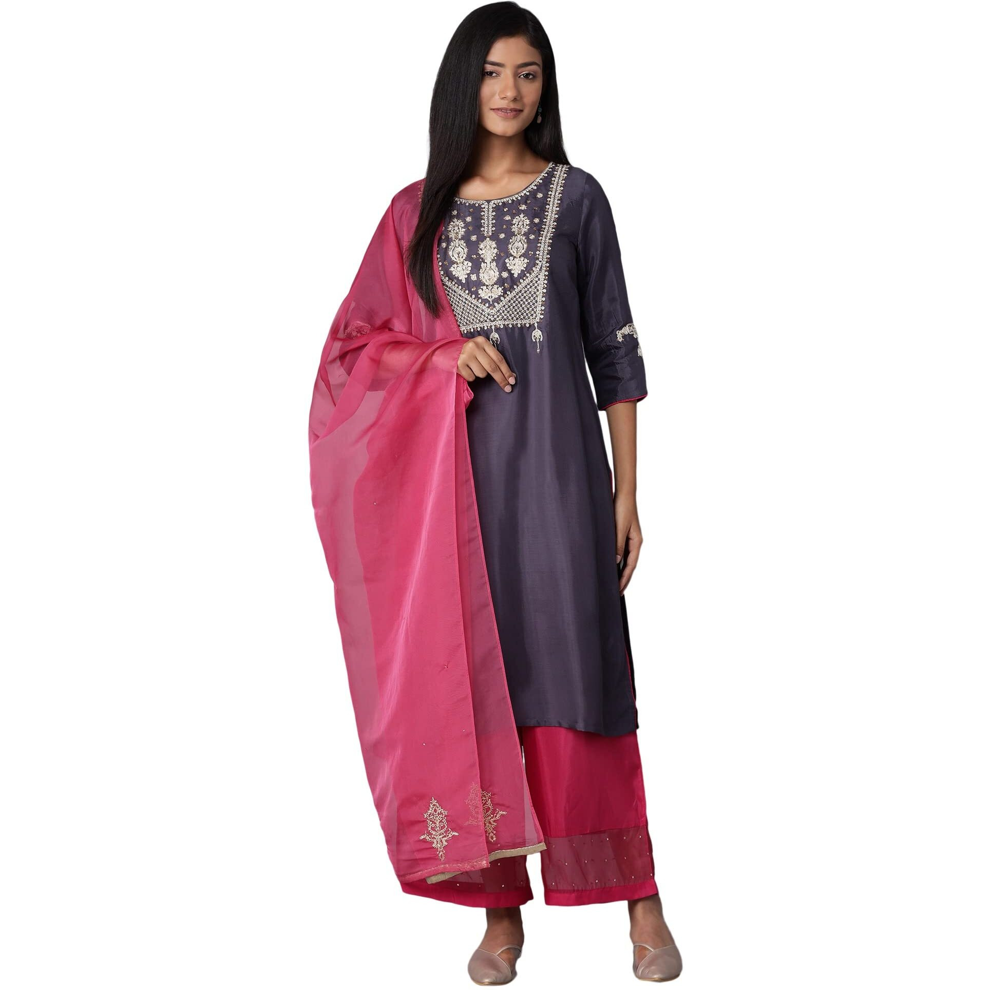 Wishful By W Women's 100% Viscose Kurta, Parallel Pant & Dupatta (21AUSP13922-213976_Steel Blue_L)