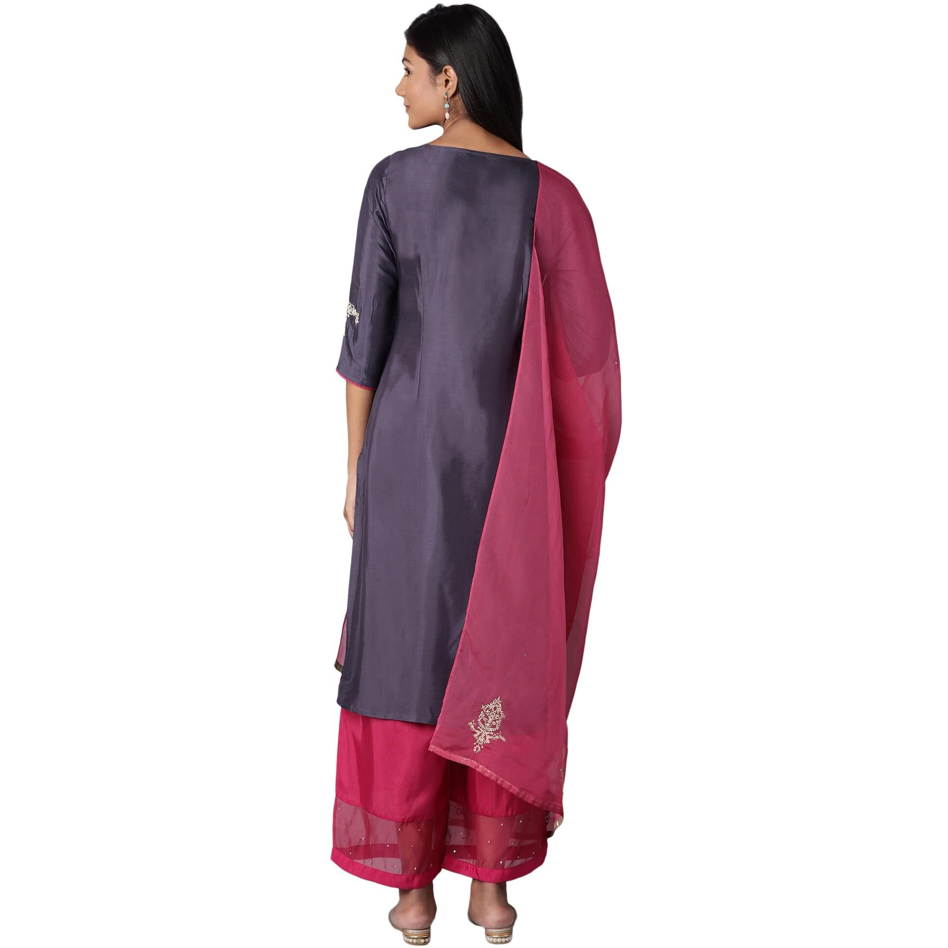 Wishful By W Women's 100% Viscose Kurta, Parallel Pant & Dupatta (21AUSP13922-213976_Steel Blue_L)