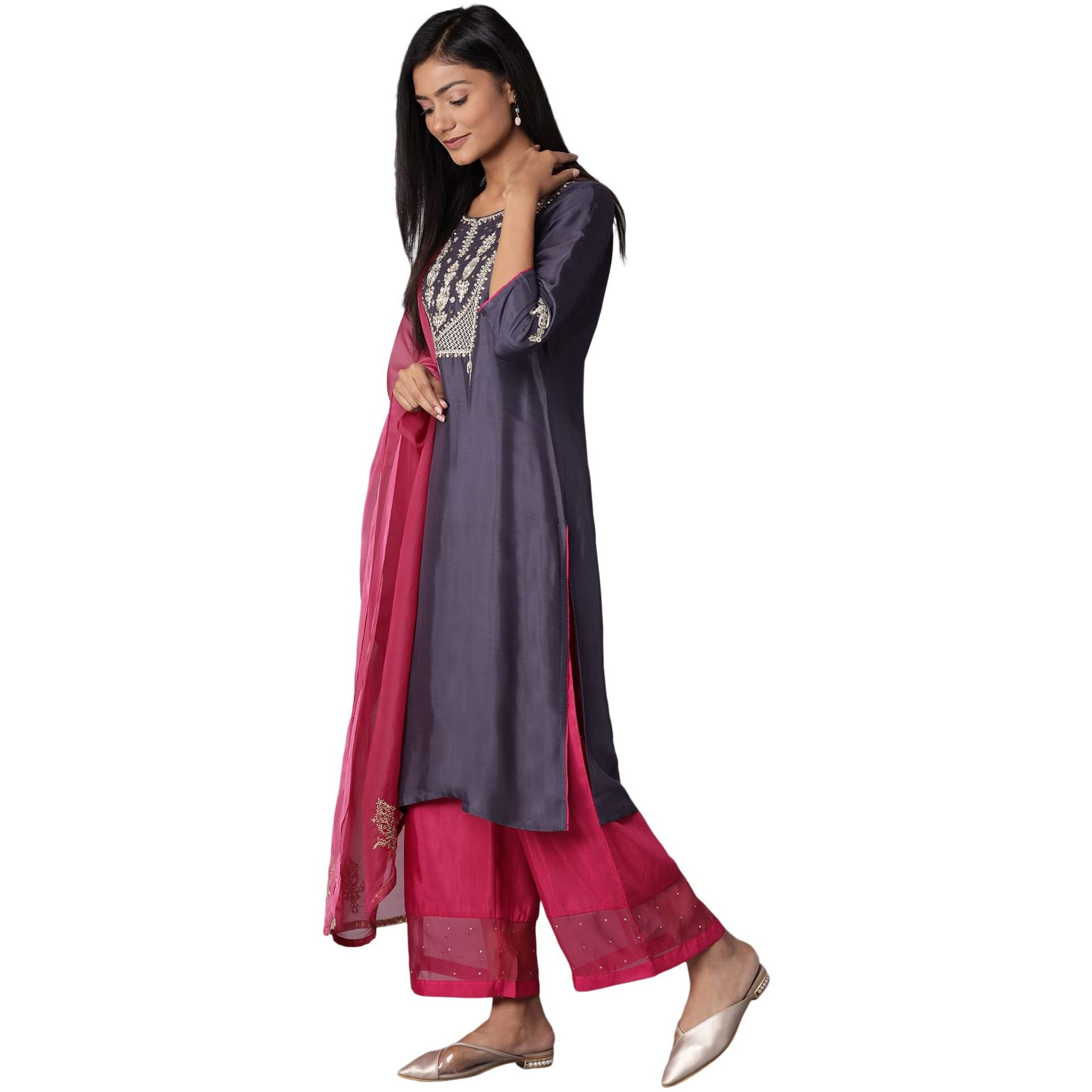 Wishful By W Women's 100% Viscose Kurta, Parallel Pant & Dupatta (21AUSP13922-213976_Steel Blue_L)