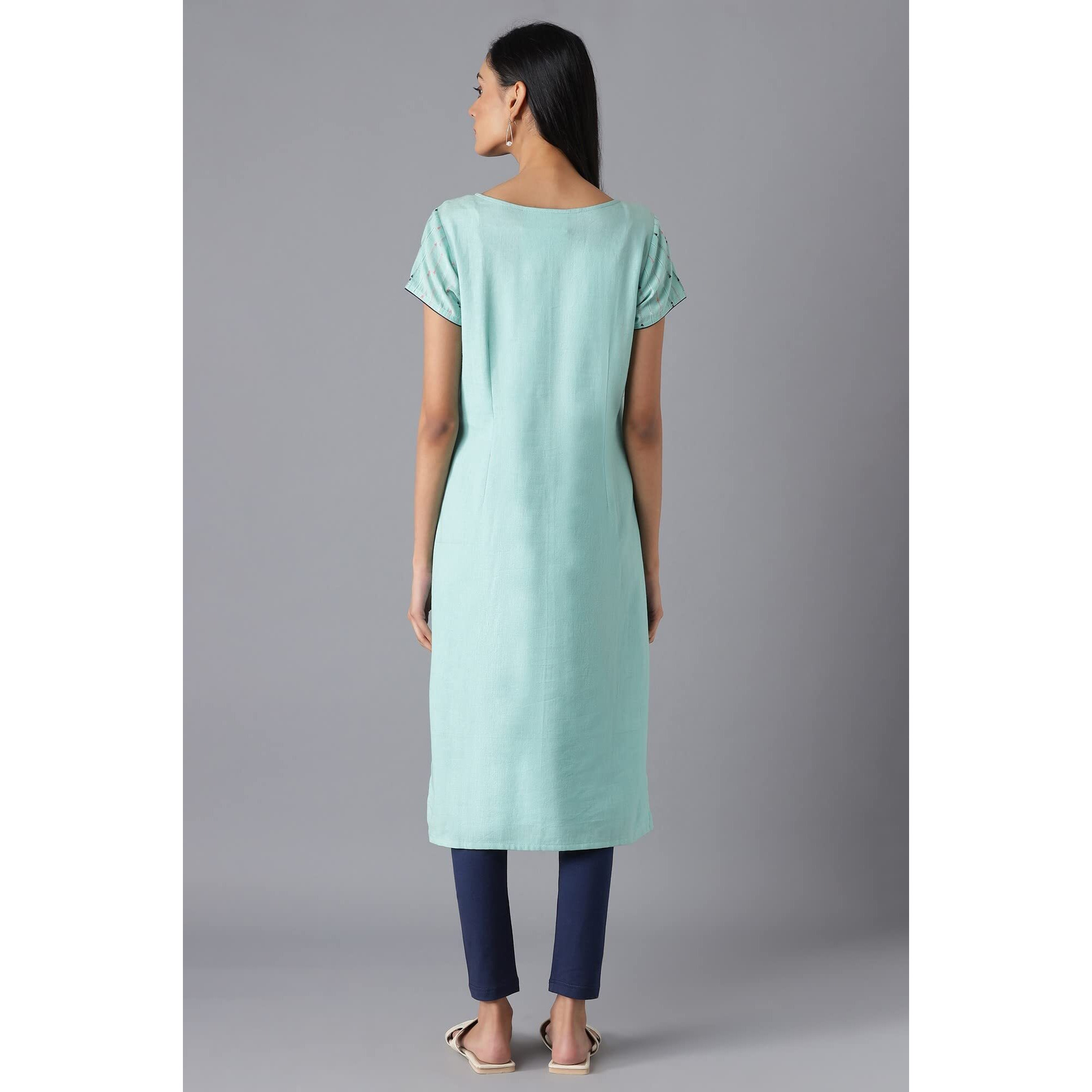 Aurelia Women's Cotton Geometric Regular Kurta (22FEA12879SS-701898_Teal Green_XS)