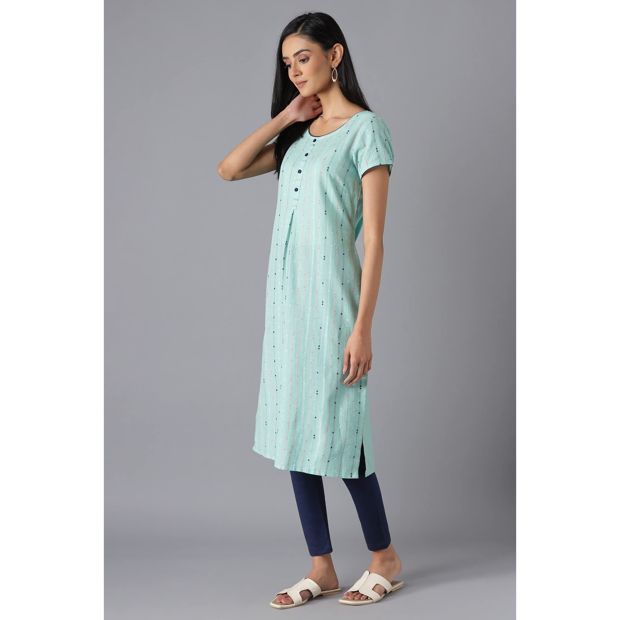 Aurelia Women's Cotton Geometric Regular Kurta (22FEA12879SS-701898_Teal Green_XS)