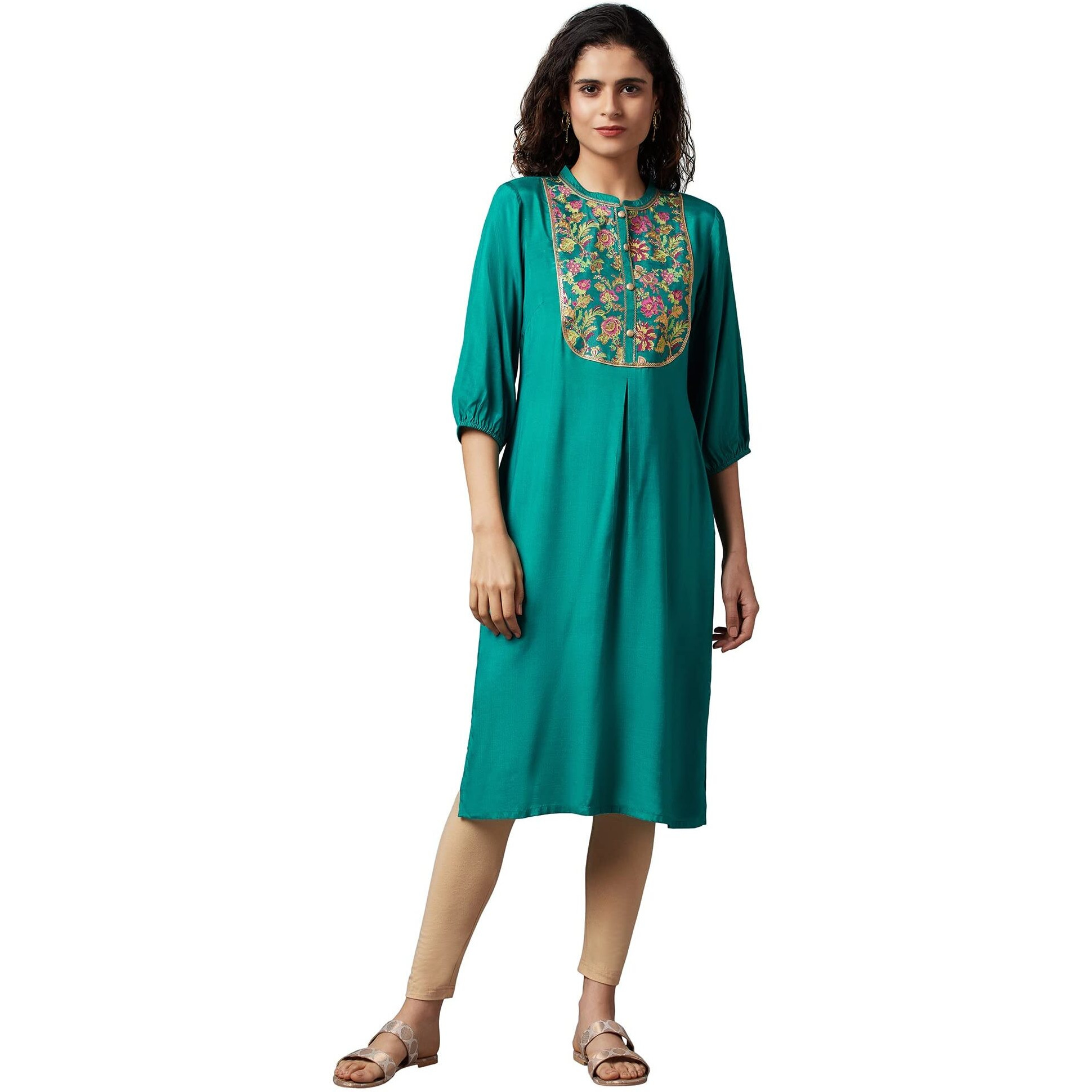 Aurelia Women's Polyester Floral Regular Kurta (22FEA13172-604001_Alpine Green_XS)