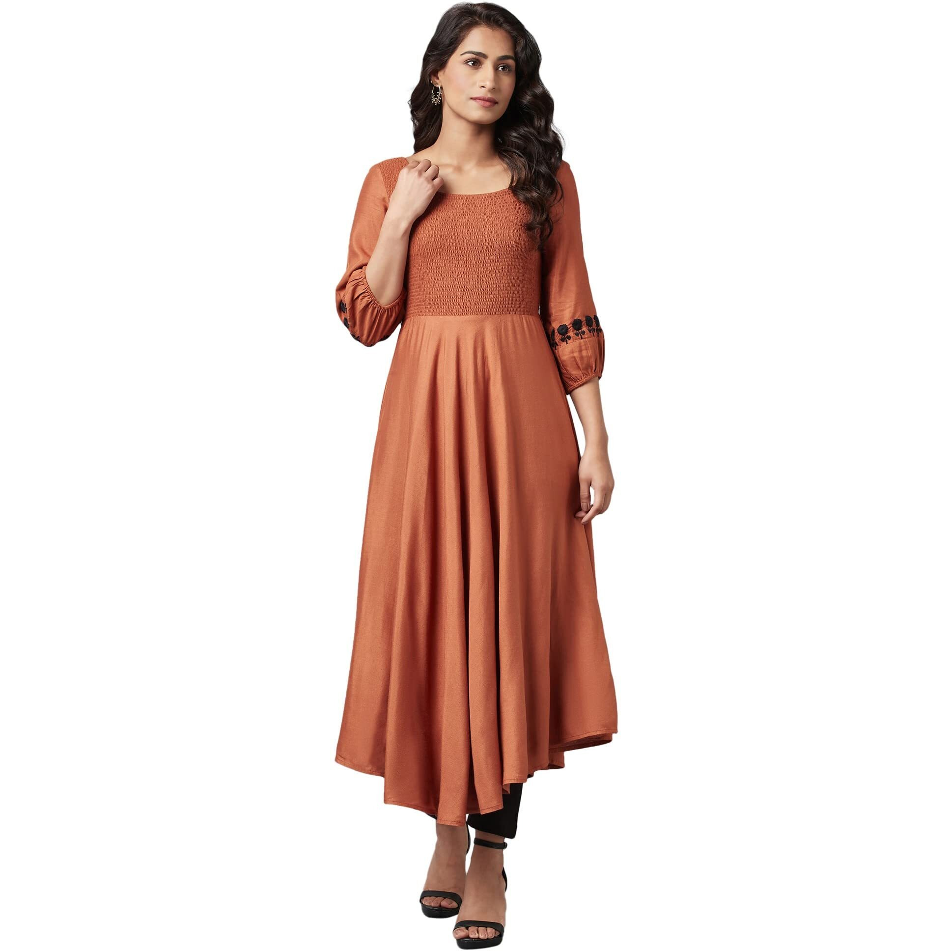 W Brown Rayon Blend Embroidered A-Line Kurta for Women