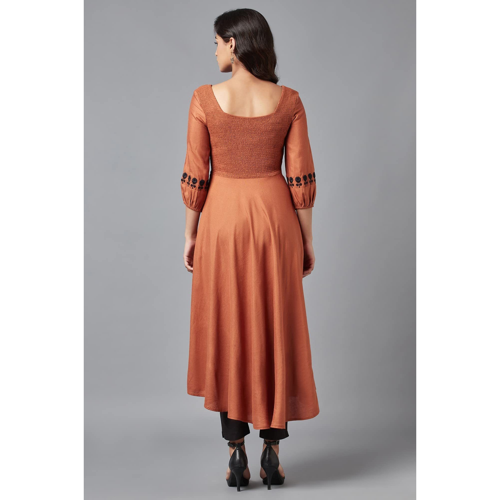 W Brown Rayon Blend Embroidered A-Line Kurta for Women
