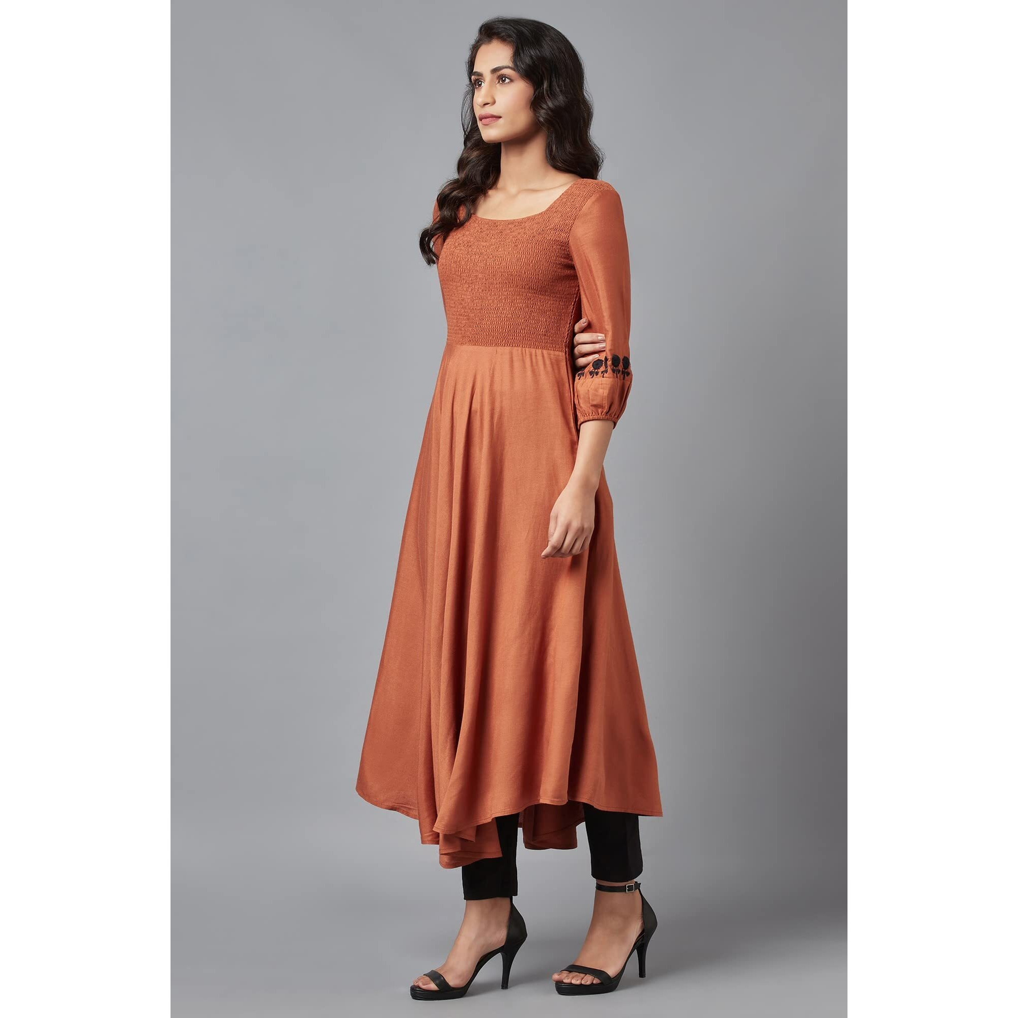 W Brown Rayon Blend Embroidered A-Line Kurta for Women