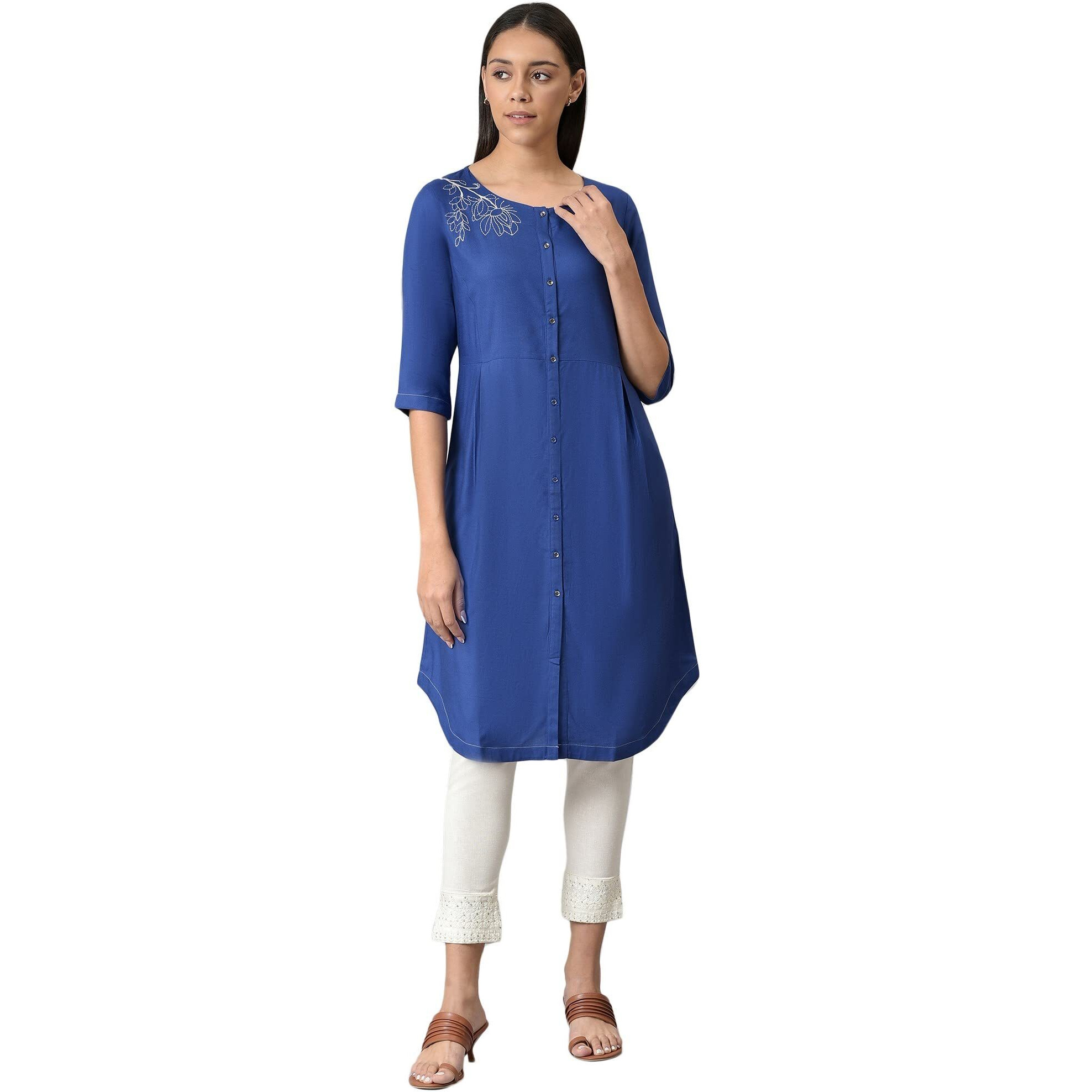W for Woman Women's Viscose Solid Regular Kurta (22FEW17320-216898_Cobalt Blue_L)