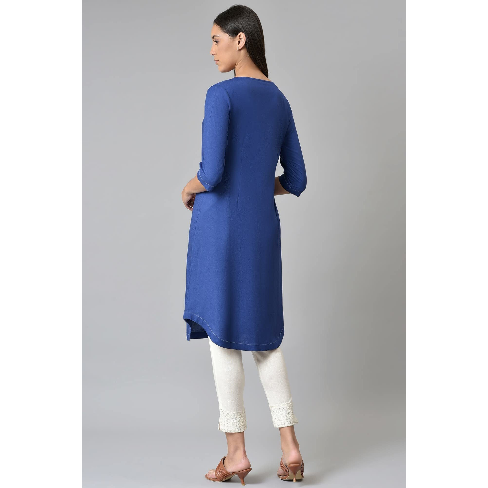 W for Woman Women's Viscose Solid Regular Kurta (22FEW17320-216898_Cobalt Blue_L)