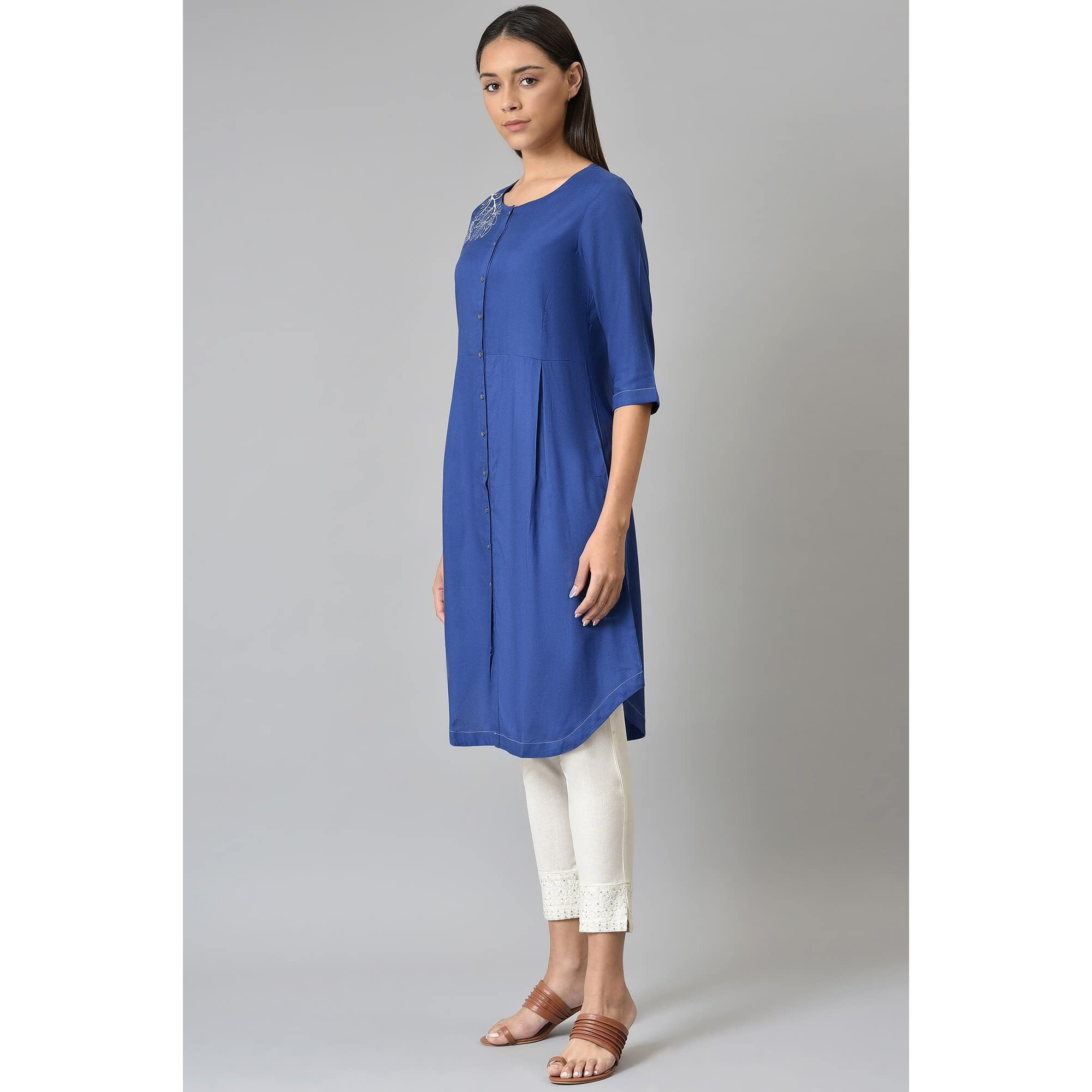 W for Woman Women's Viscose Solid Regular Kurta (22FEW17320-216898_Cobalt Blue_L)