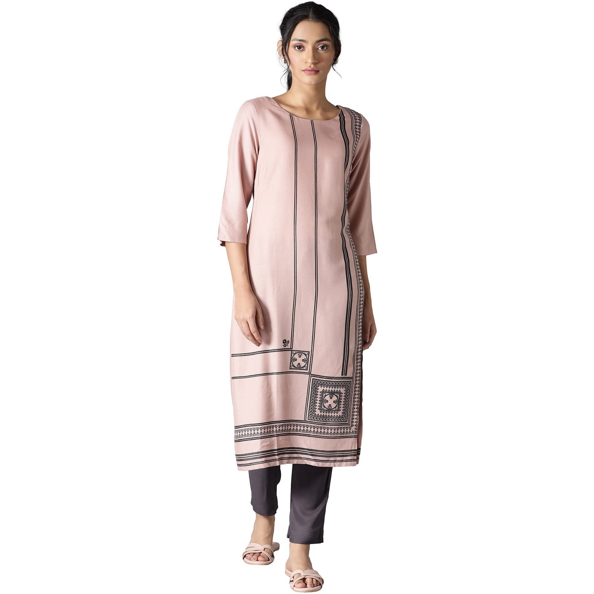 W for Woman Women's Viscose Geometric Regular Kurta (22FEW17329-118110_Salmon Pink_XS)