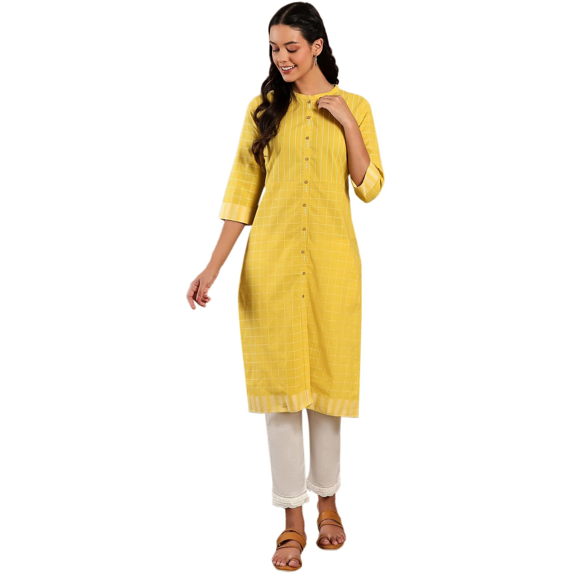 W Yellow Cotton Checked Straight-Long Kurta for Women
