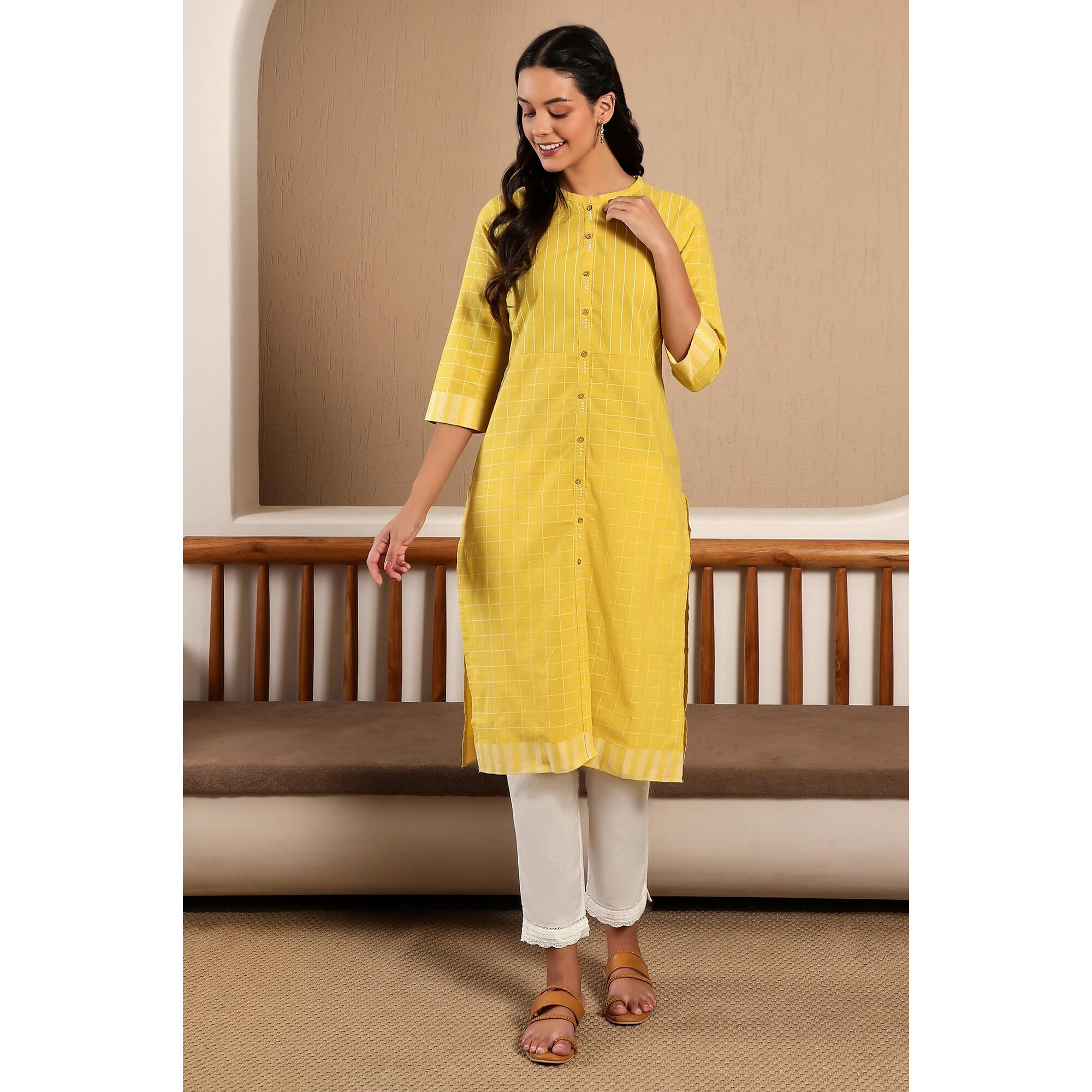 W Yellow Cotton Checked Straight-Long Kurta for Women