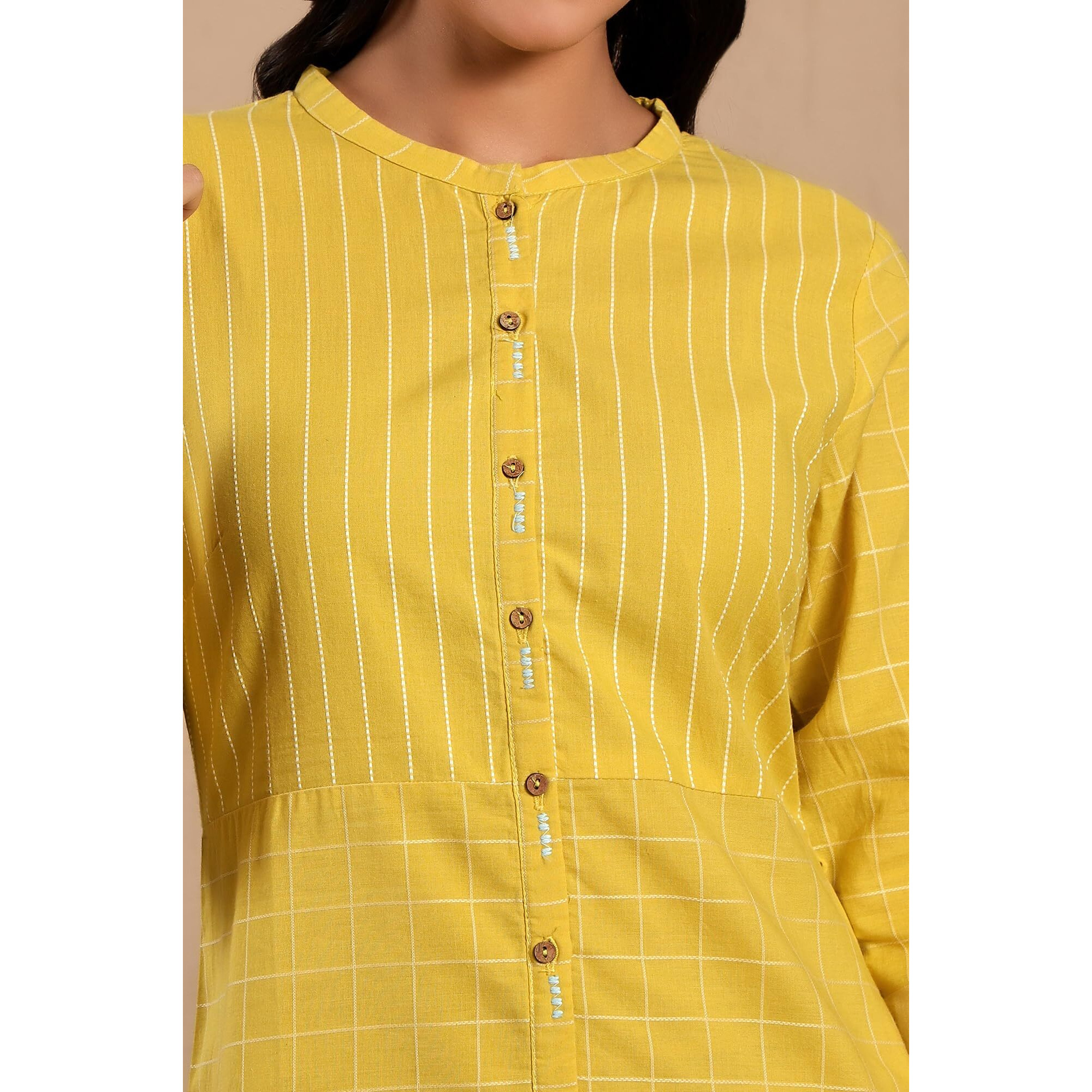 W Yellow Cotton Checked Straight-Long Kurta for Women
