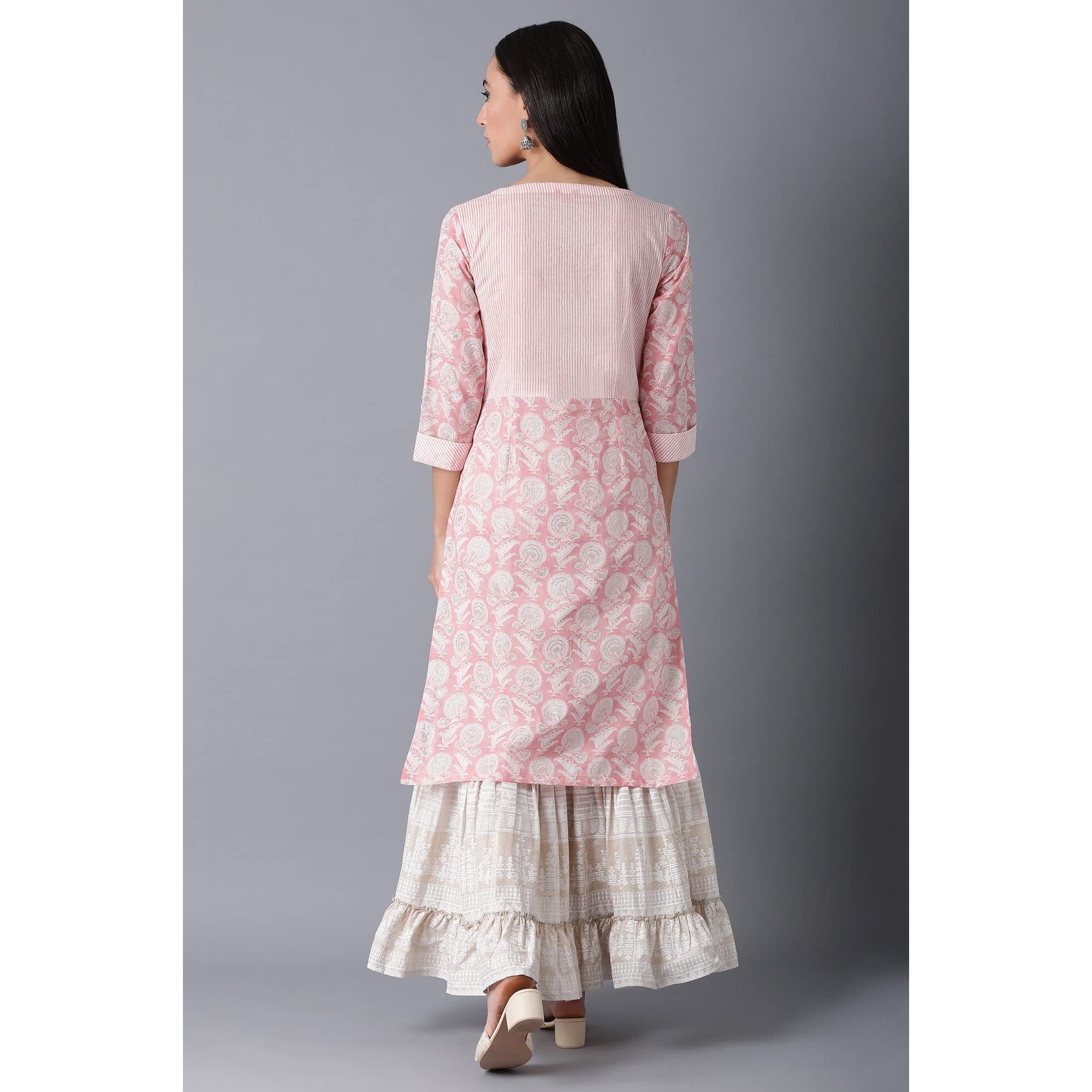 W For Woman Light Pink Floral Printed Cotton Regular Kurta with Sequins