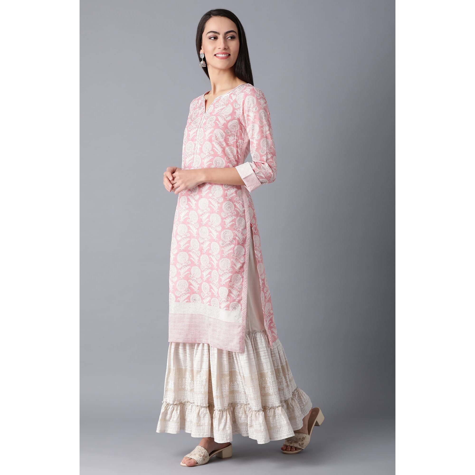 W For Woman Light Pink Floral Printed Cotton Regular Kurta with Sequins