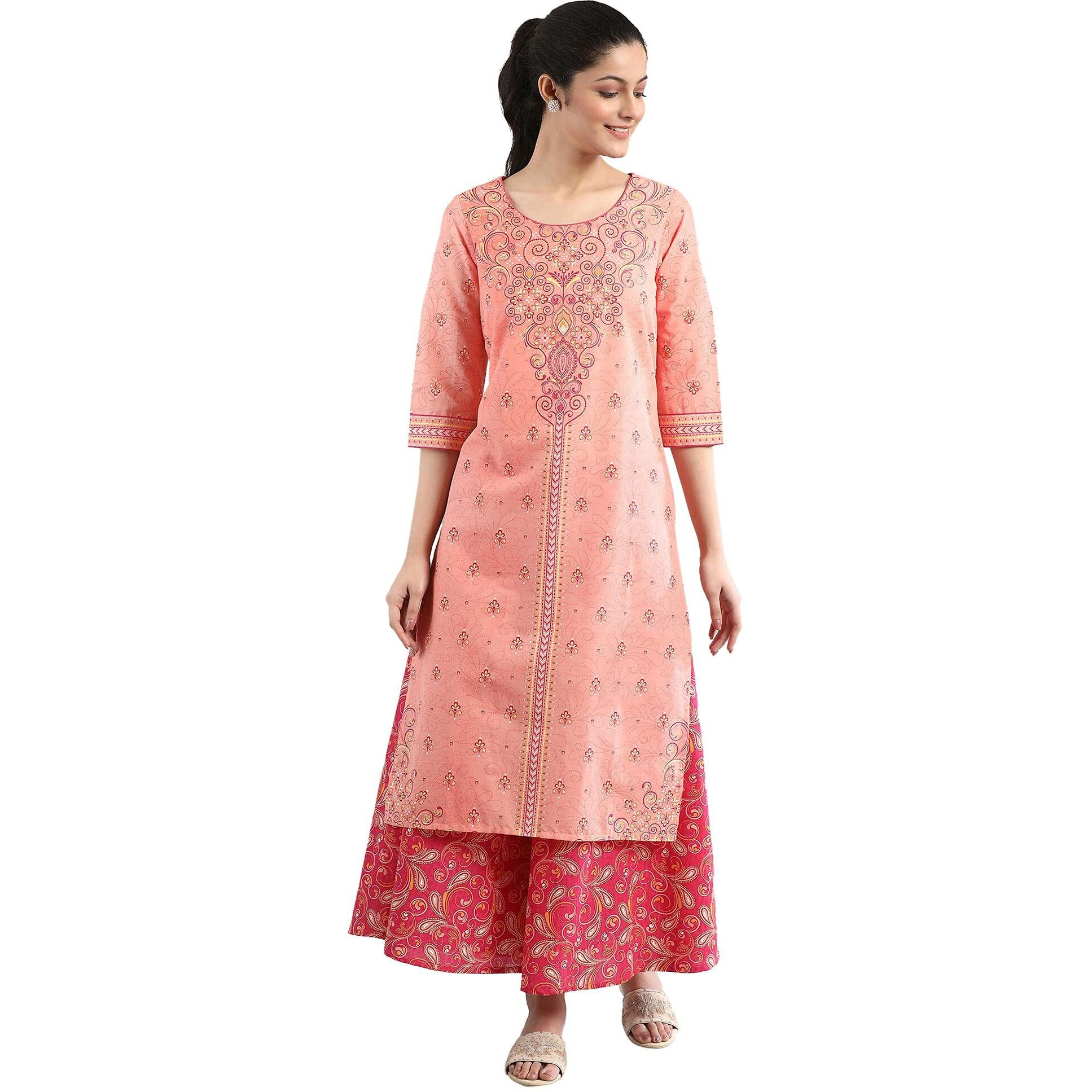 Aurelia Women's Peach Floral Printed Printed Cotton Regular Kurta