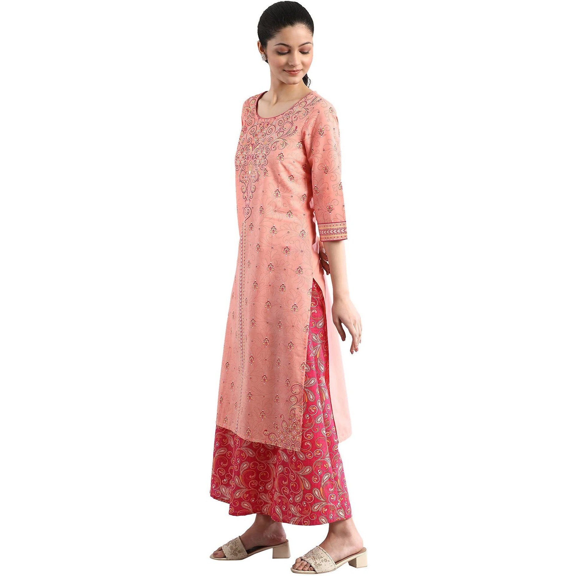 Aurelia Women's Peach Floral Printed Printed Cotton Regular Kurta