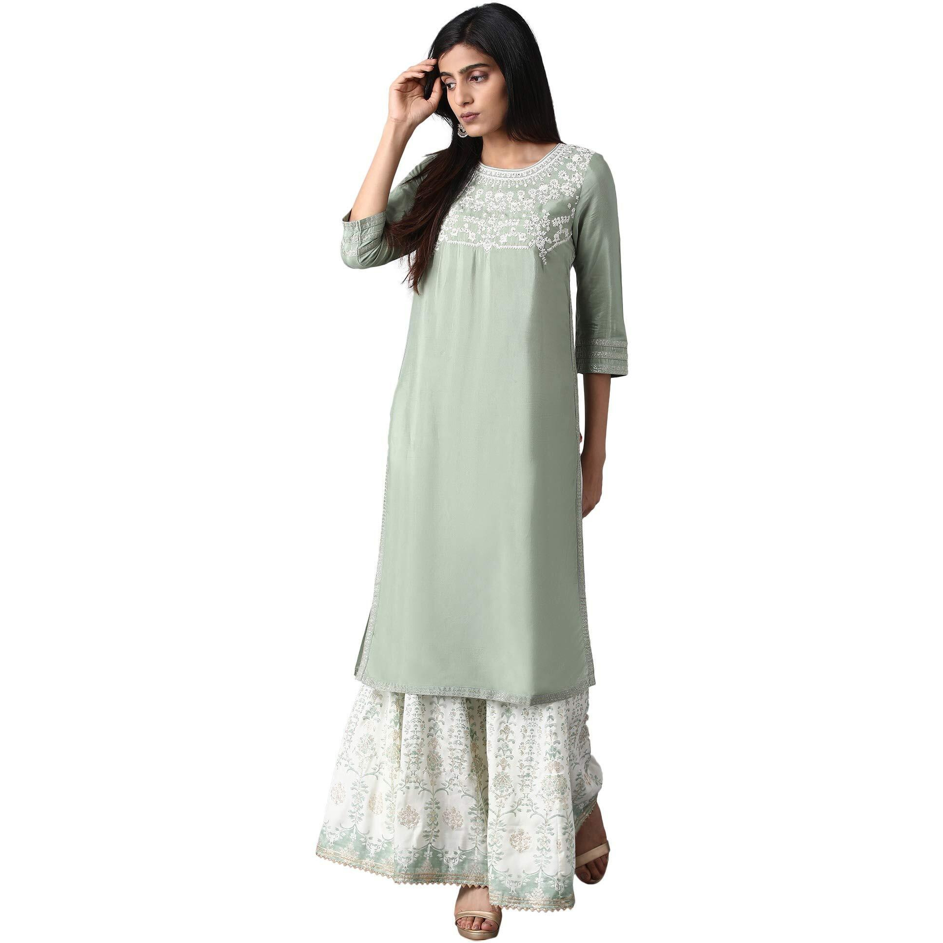 W For Woman Orange Floral Printed Regular Kurta with Dori Embroidery